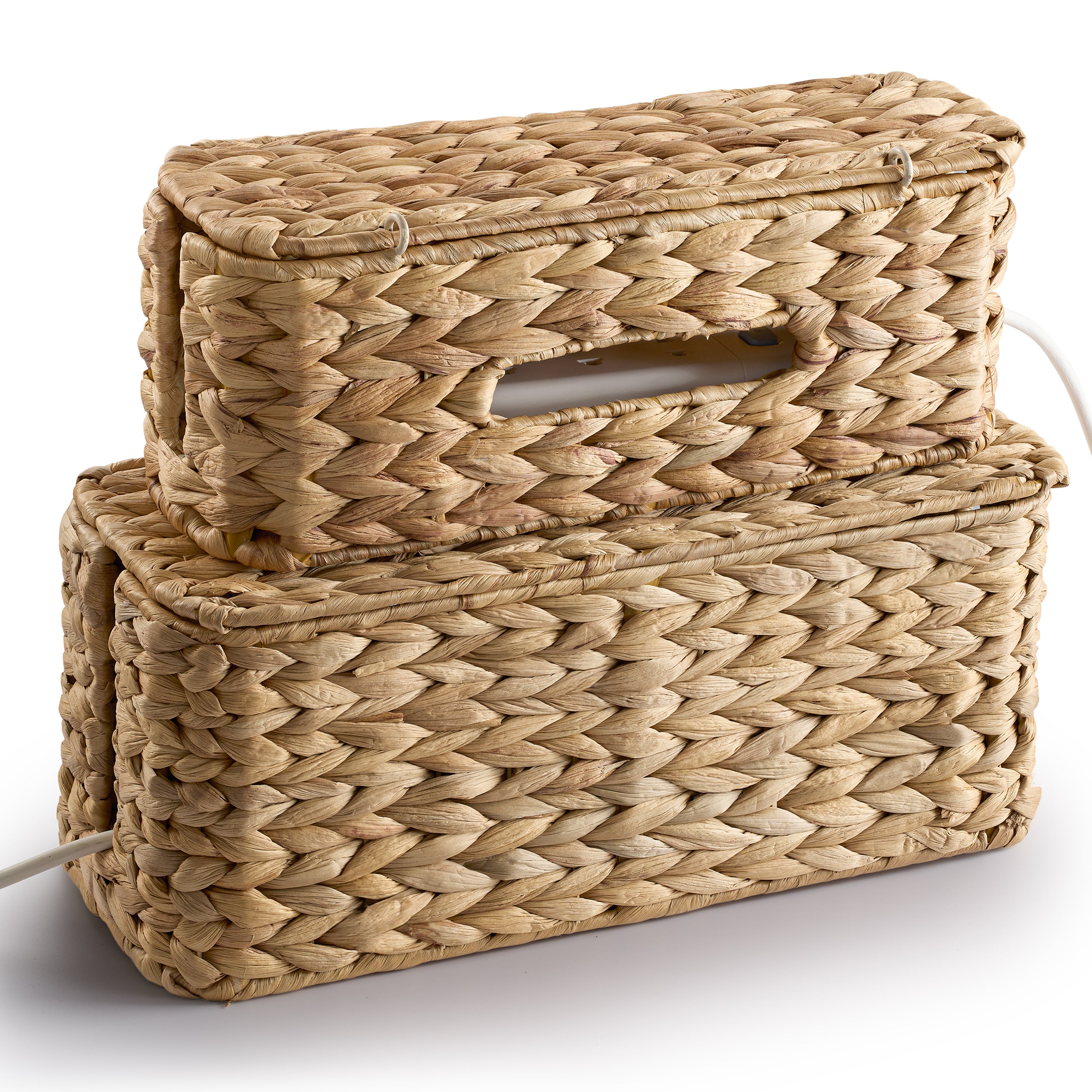 Set of 2 Water Hyacinth Wicker Cable Management Box with Secure Lid-thumbmail-1