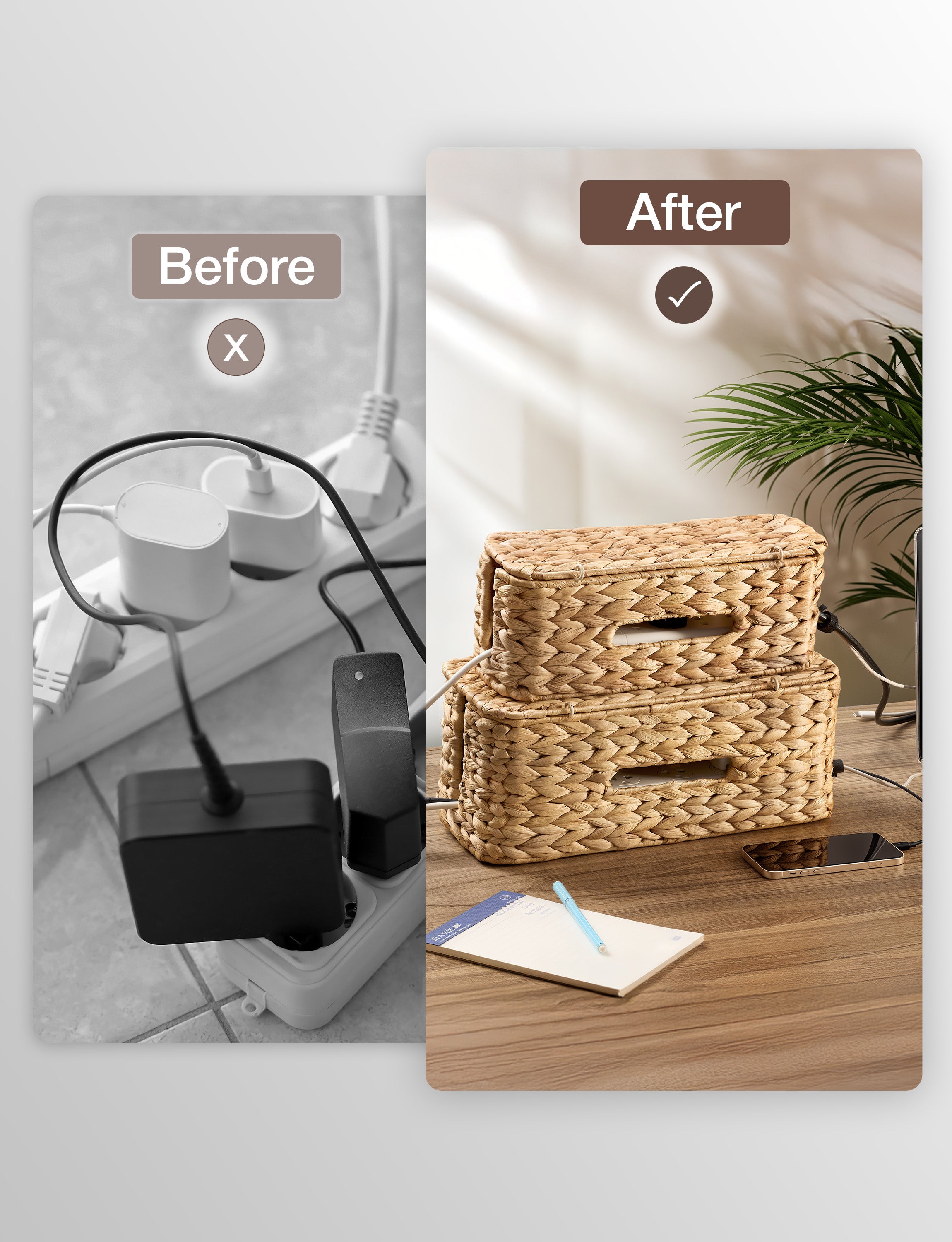 Set of 2 Water Hyacinth Wicker Cable Management Box with Secure Lid-thumbmail-5