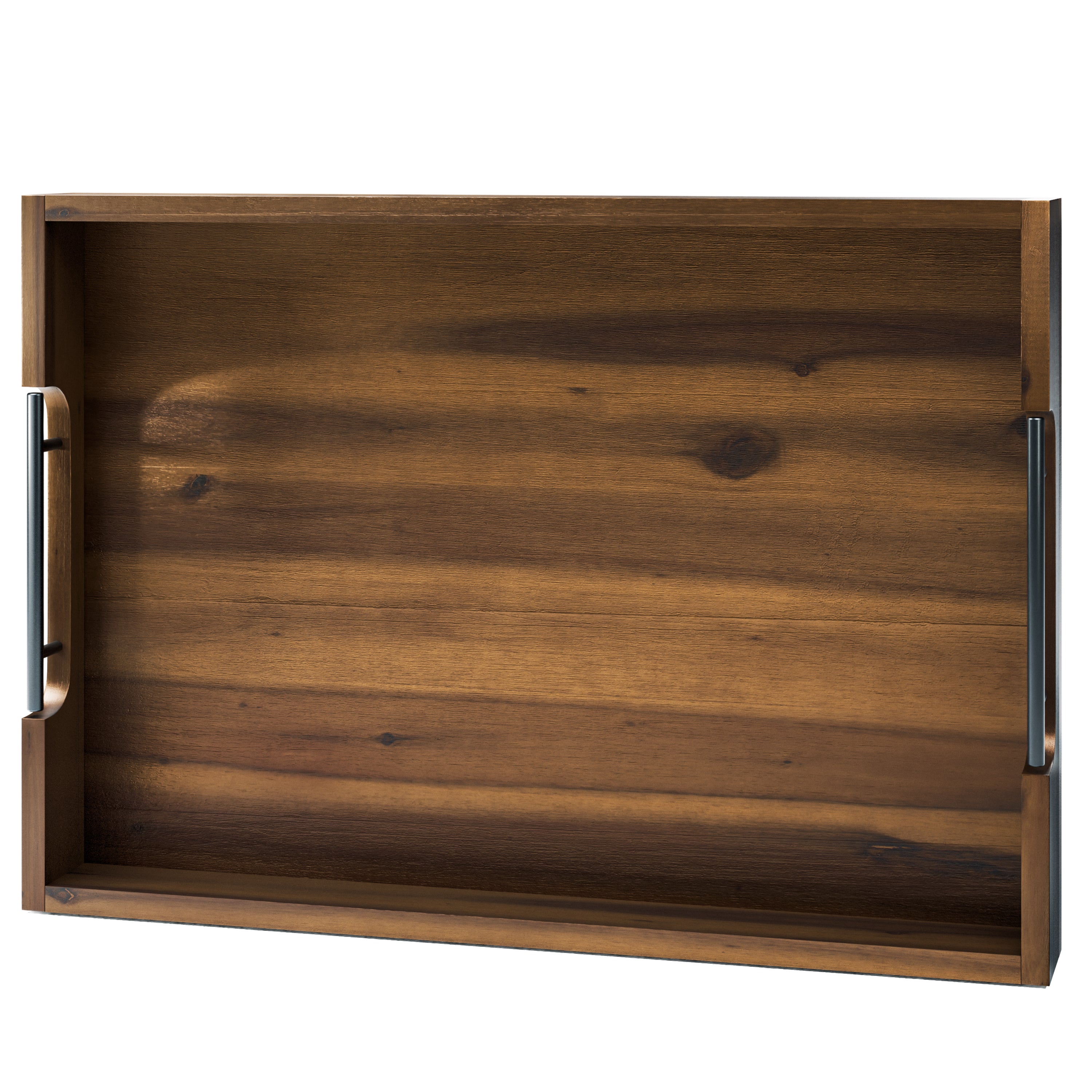 20"x14" Wooden Large Serving Tray, Walnut color, Metal Handles-thumbmail-1