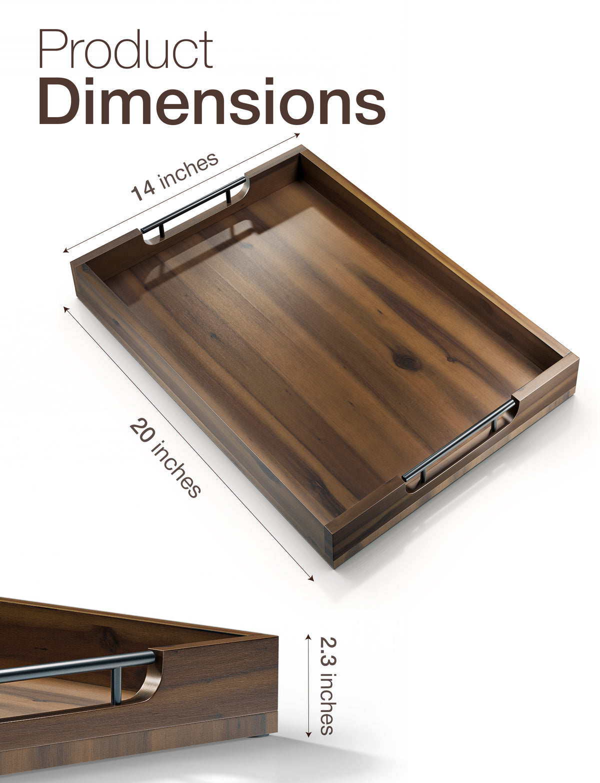 20"x14" Wooden Large Serving Tray, Walnut color, Metal Handles-thumbmail-5