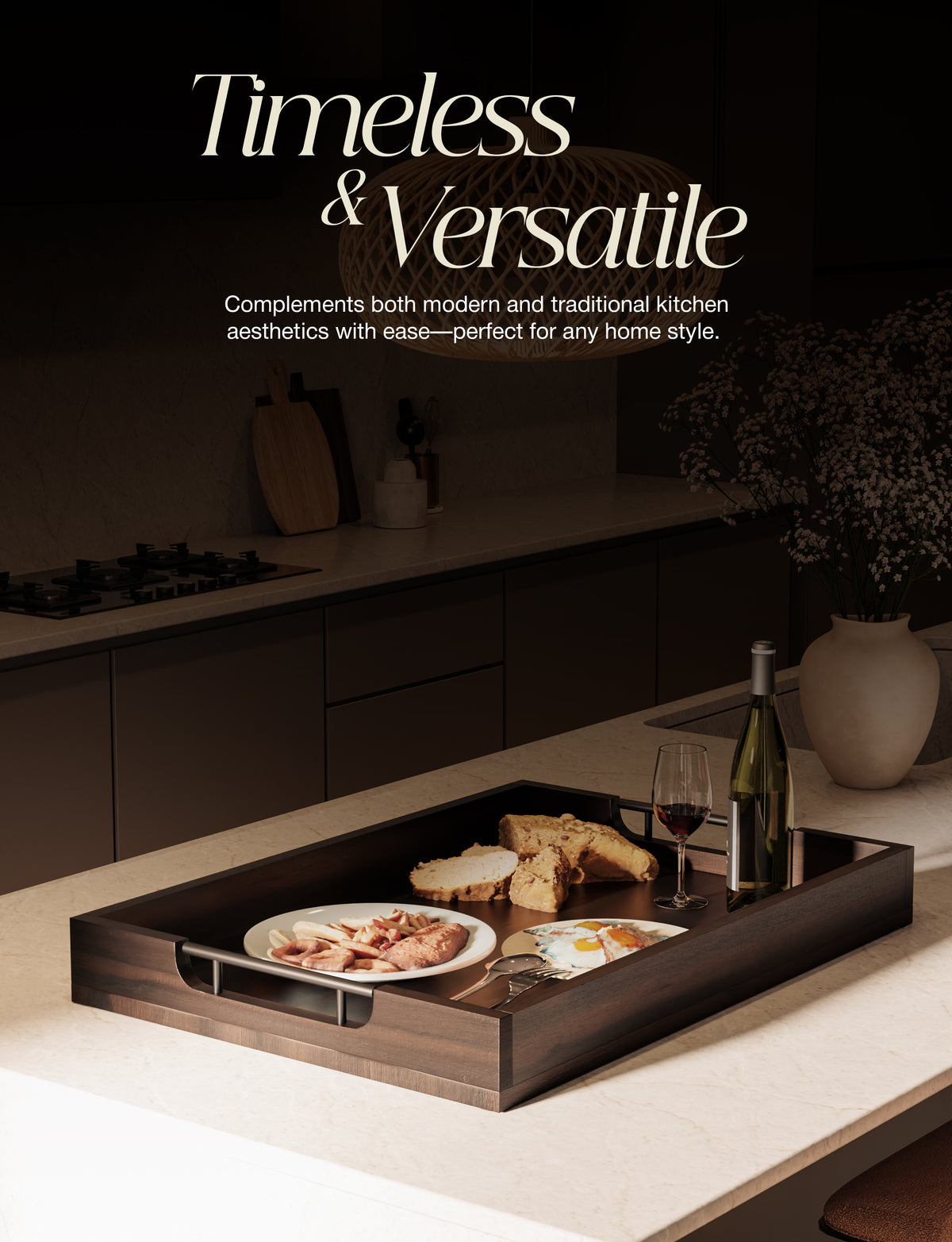 20"x14" Wooden Large Serving Tray, Walnut color, Metal Handles-thumbmail-4