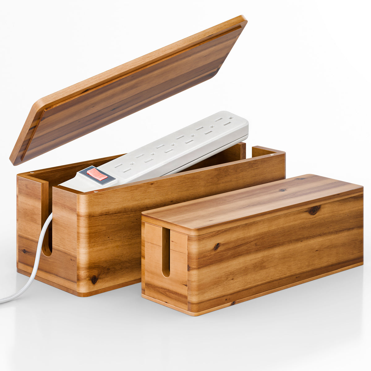 Set 2 Sizes Wooden Cable Management Box Round Edge, Magnetic Lid-thumbmail-1