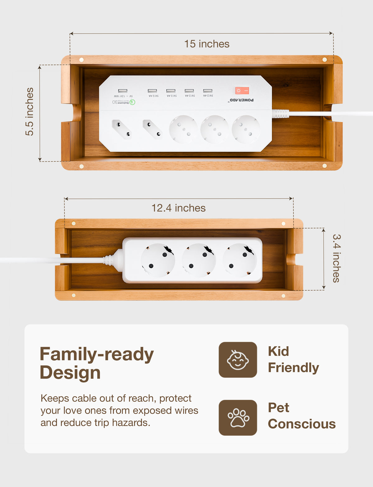 Set 2 Sizes Wooden Cable Management Box Round Edge, Magnetic Lid-thumbmail-4