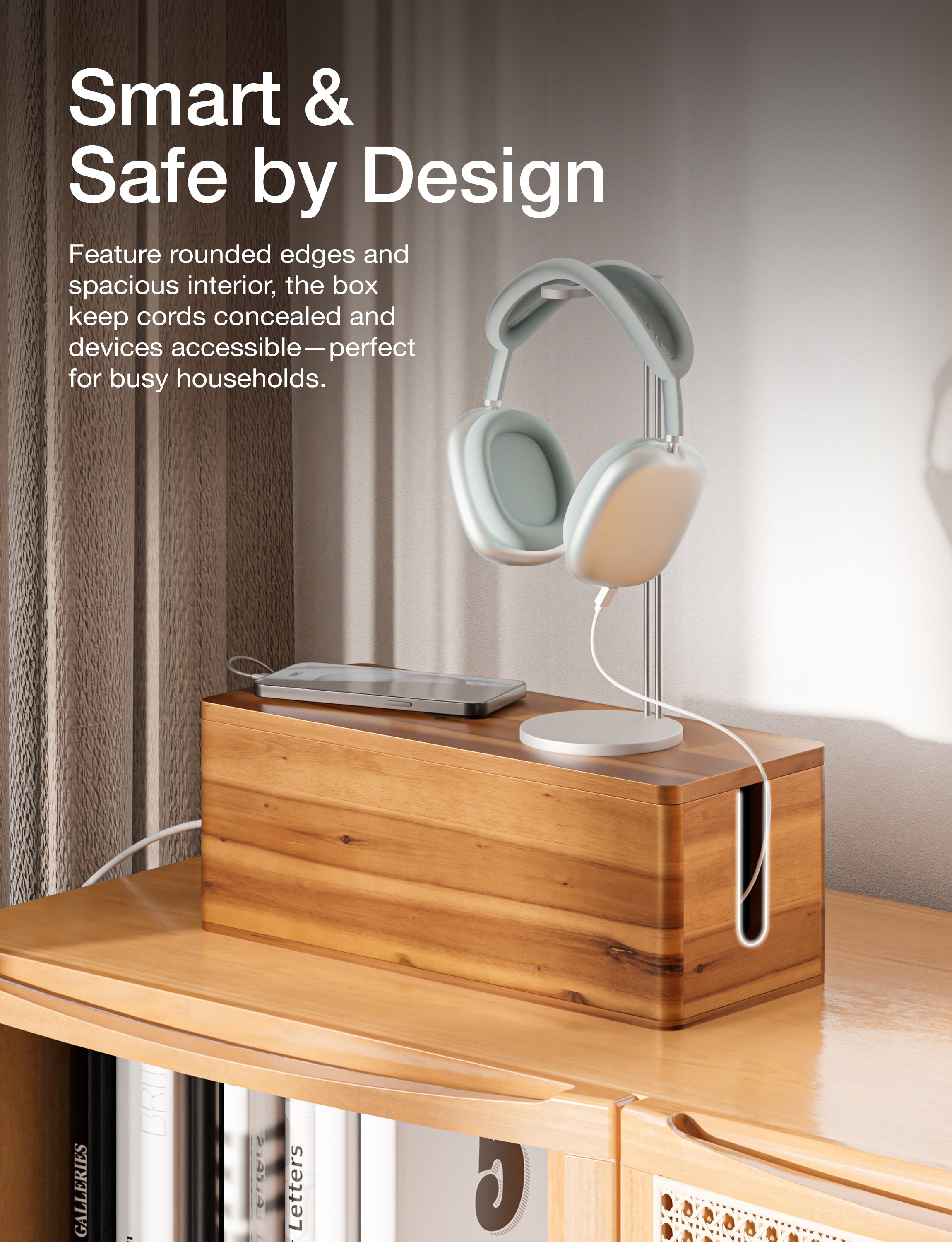 Set 2 Sizes Wooden Cable Management Box Round Edge, Magnetic Lid-thumbmail-2
