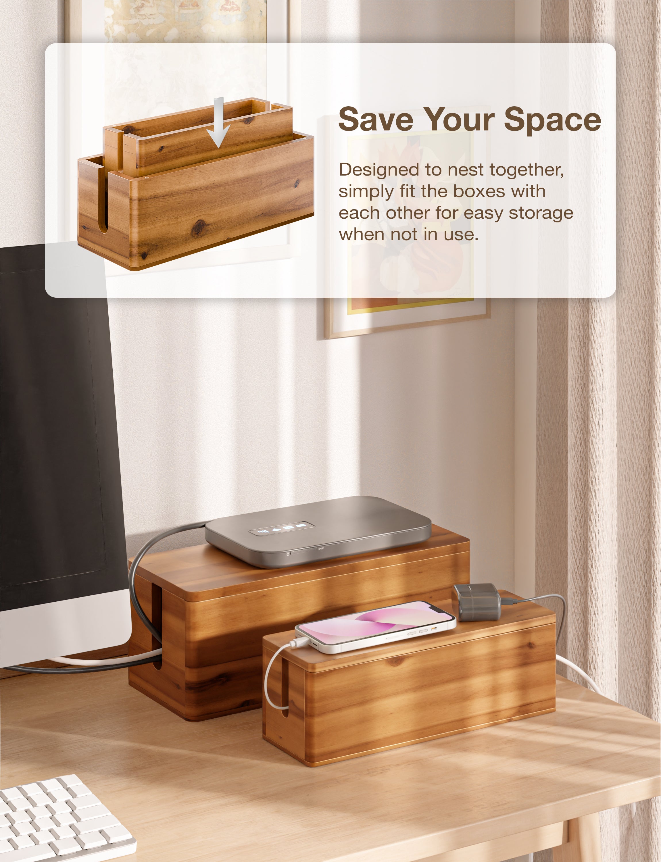 Set 2 Sizes Wooden Cable Management Box Round Edge, Magnetic Lid-thumbmail-6