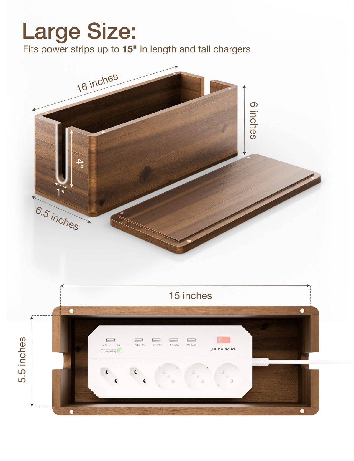 16"L Wooden Large Cable Management Box Round Edge (Walnut color)-thumbmail-3