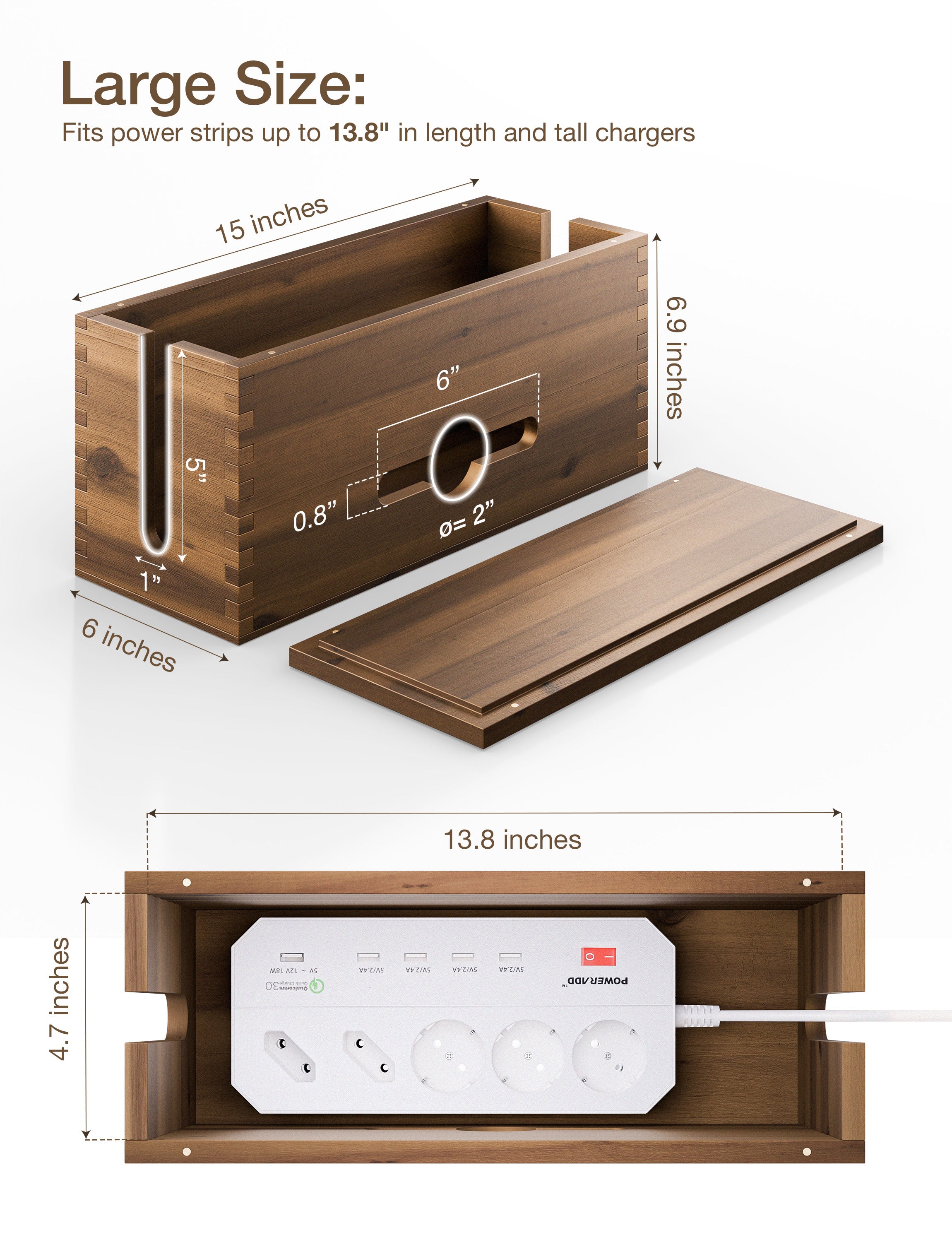 15" Acacia Wood Cable Management Box – Large Cord Organizer, Power Strip Cover & Wire Hider, Walnut Color-thumbmail-3