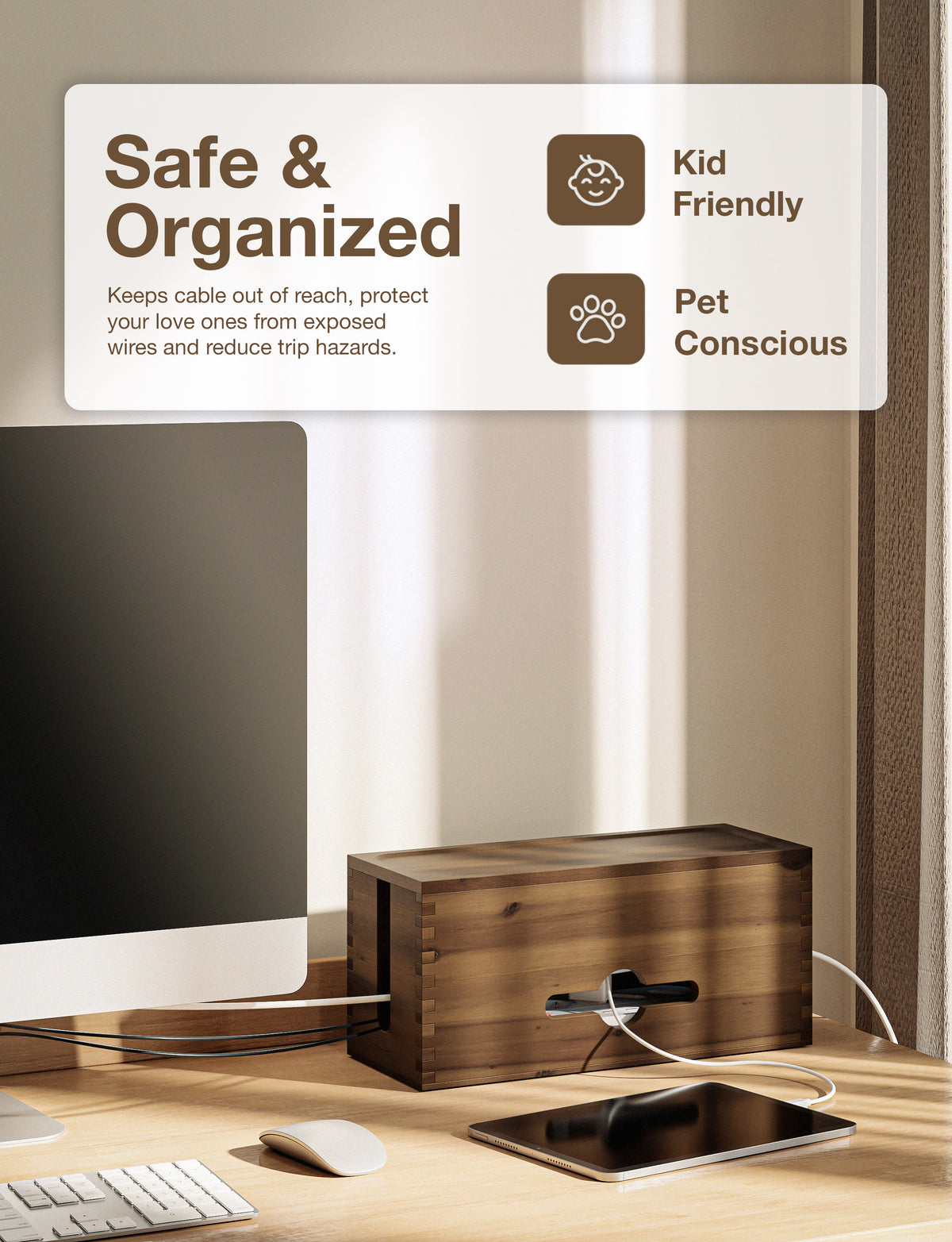 15" Acacia Wood Cable Management Box – Large Cord Organizer, Power Strip Cover & Wire Hider, Walnut Color-thumbmail-5