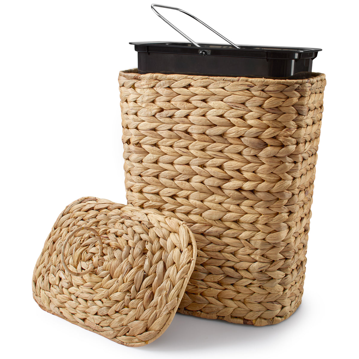 3 Gallon Water Hyacinth Wicker Trash Can with Lid, Removable Liner-thumbmail-1