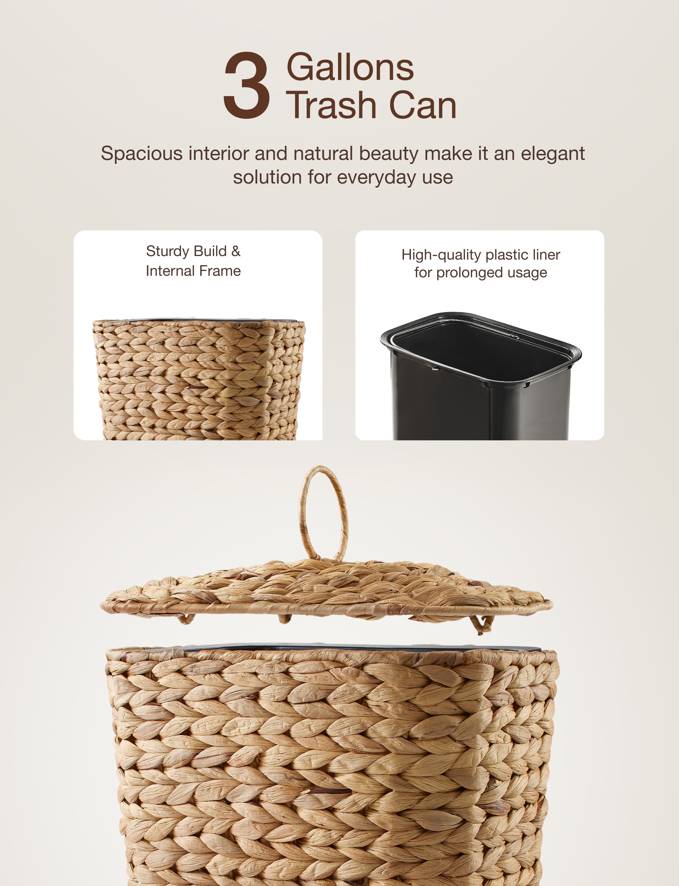 3 Gallon Water Hyacinth Wicker Trash Can with Lid, Removable Liner-thumbmail-3