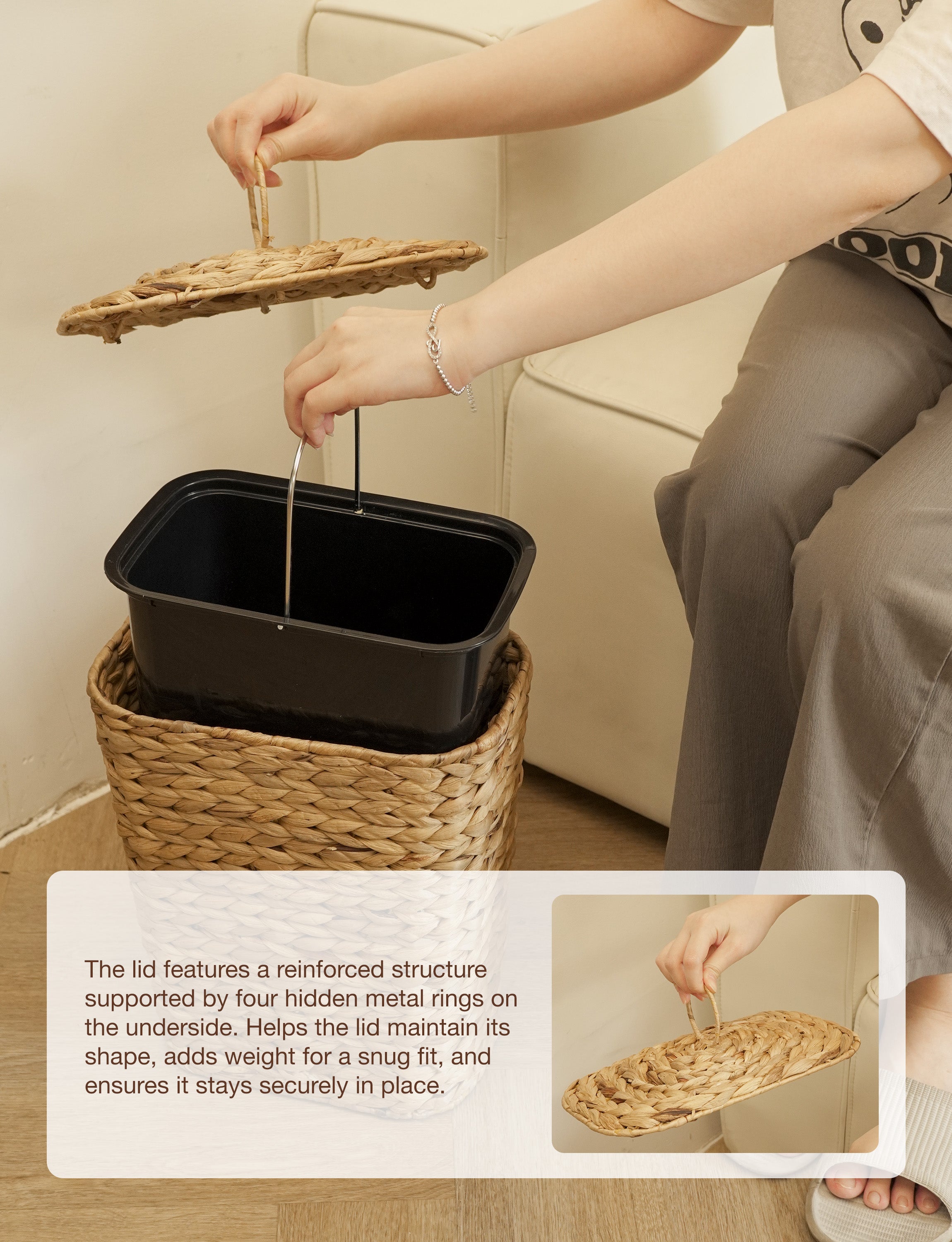 3 Gallon Water Hyacinth Wicker Trash Can with Lid, Removable Liner-thumbmail-5