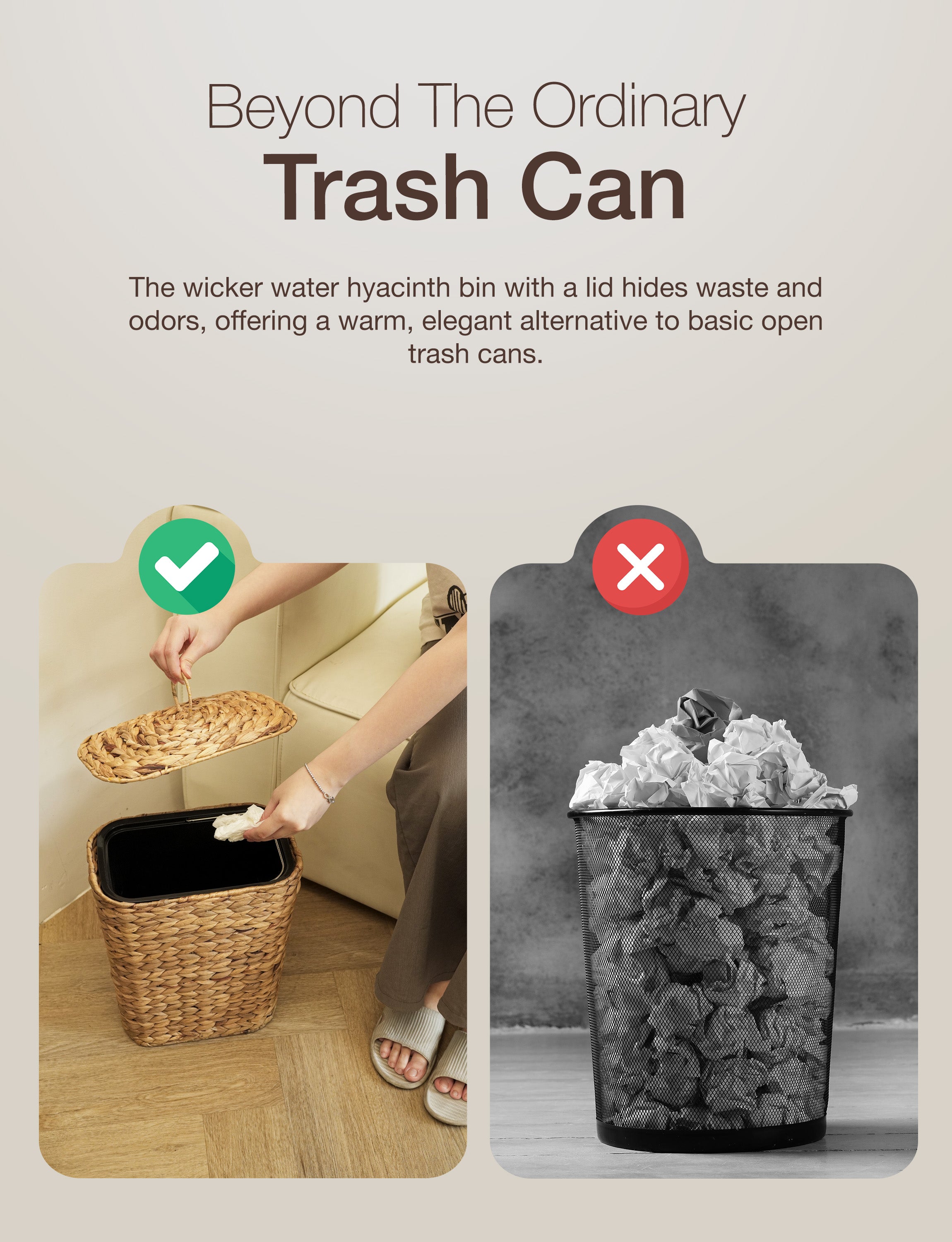 3 Gallon Water Hyacinth Wicker Trash Can with Lid, Removable Liner-thumbmail-6