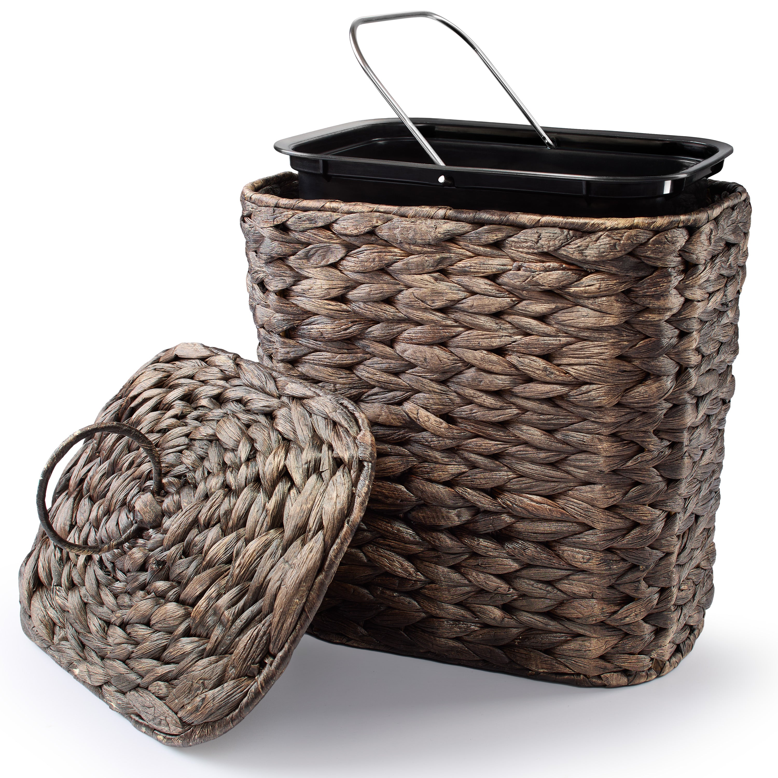 1.5 Gallon Wicker Waste Basket with Lid, Removable Liner, Iron Frame