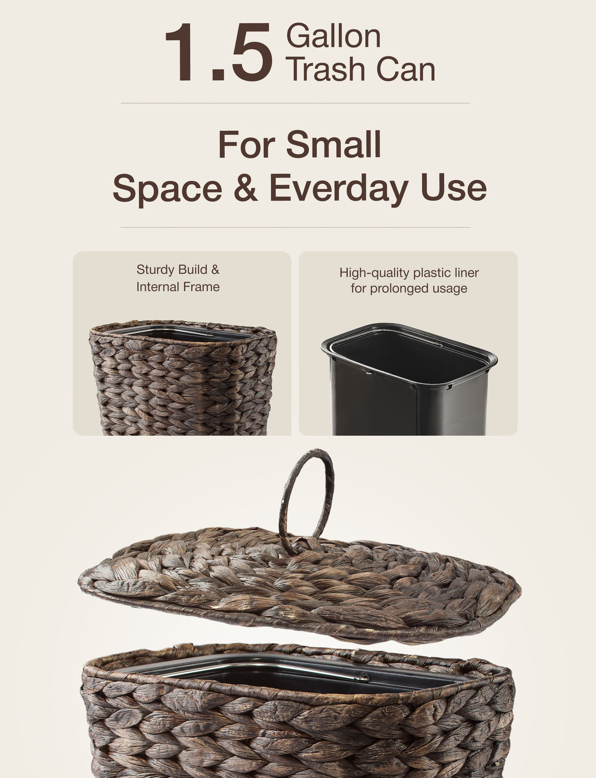 1.5 Gallon Wicker Waste Basket with Lid, Removable Liner, Iron Frame-thumbmail-4