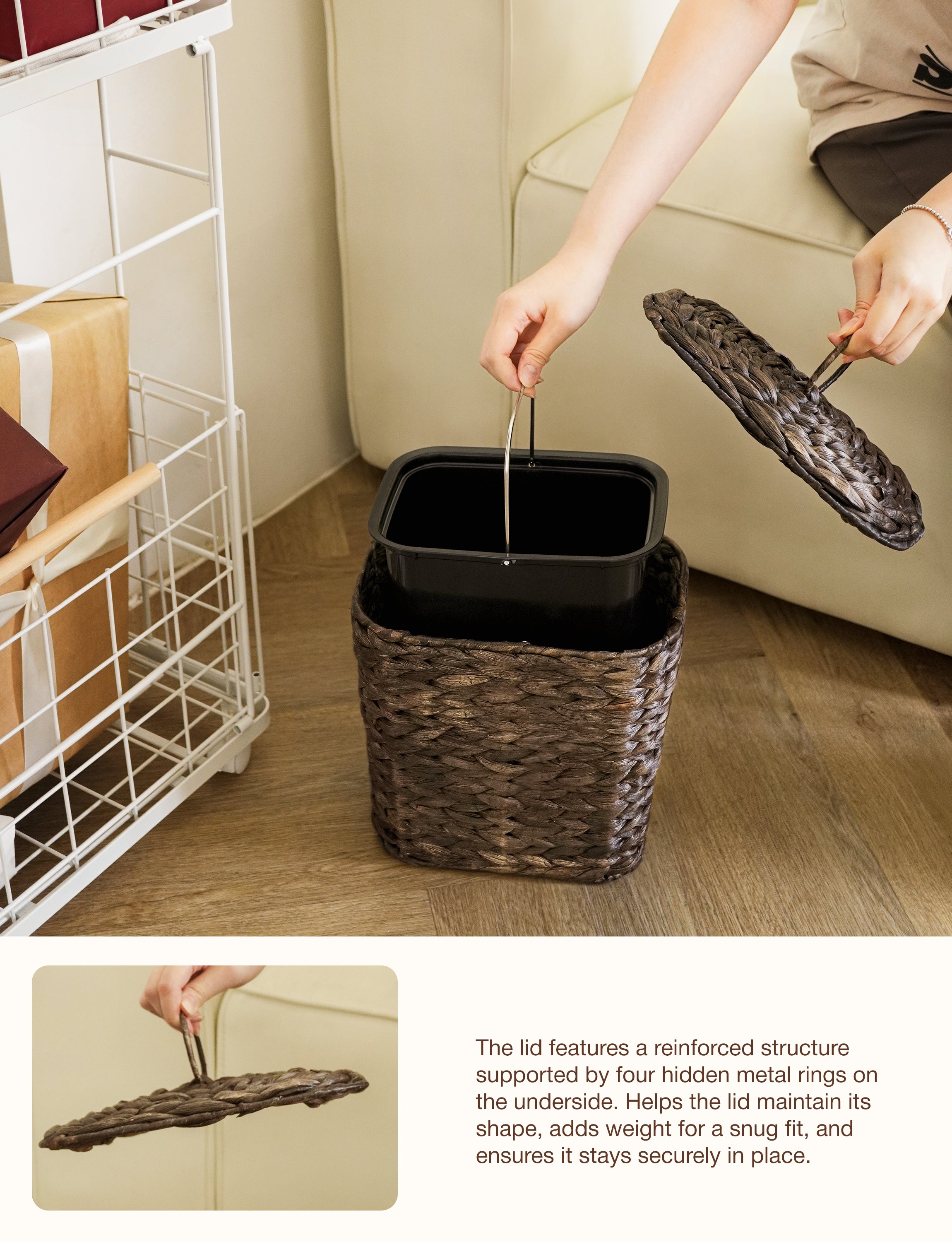 1.5 Gallon Wicker Waste Basket with Lid, Removable Liner, Iron Frame-thumbmail-5