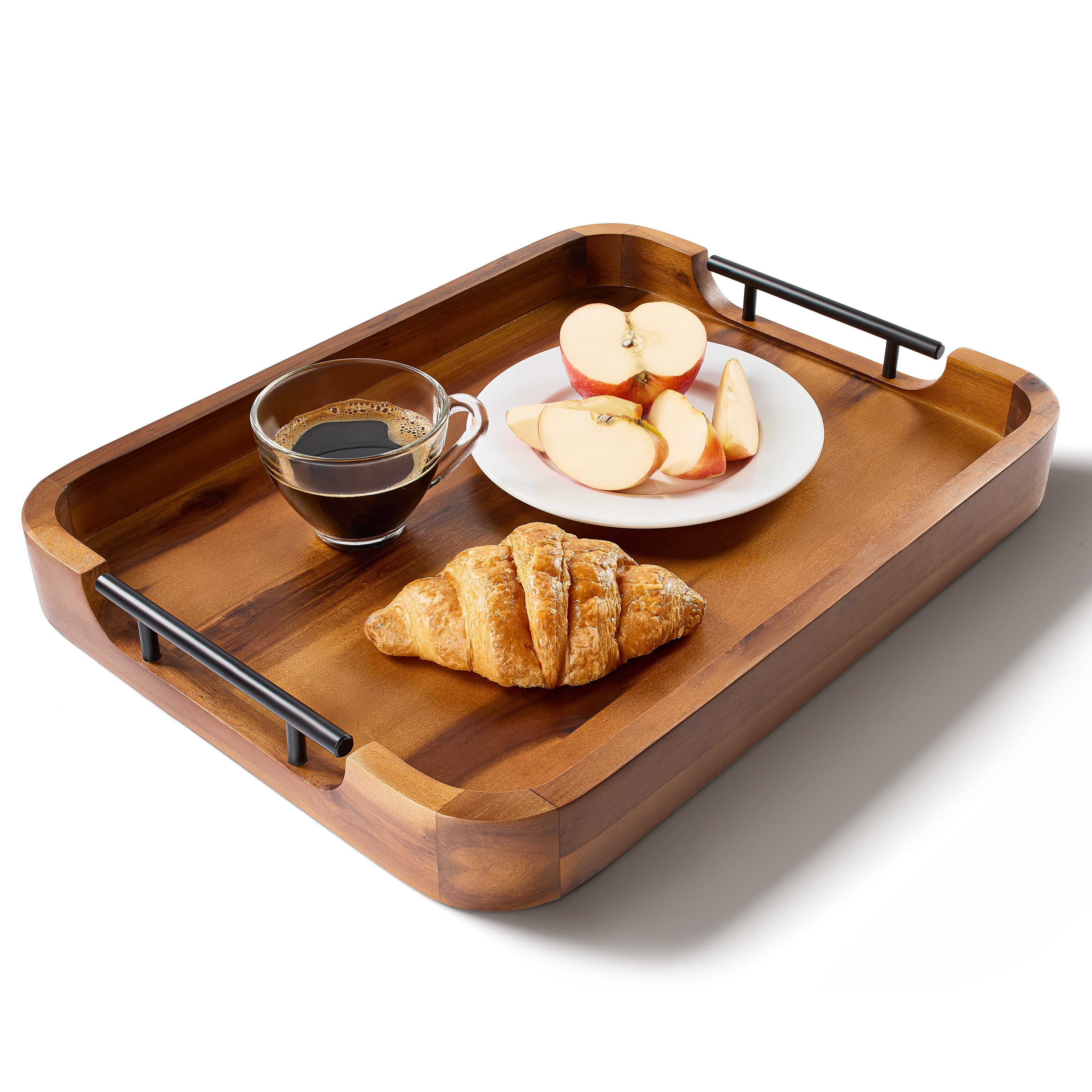 17"x13" Rectangular Wooden Serving Tray, Metal Handles Ottoman Tray