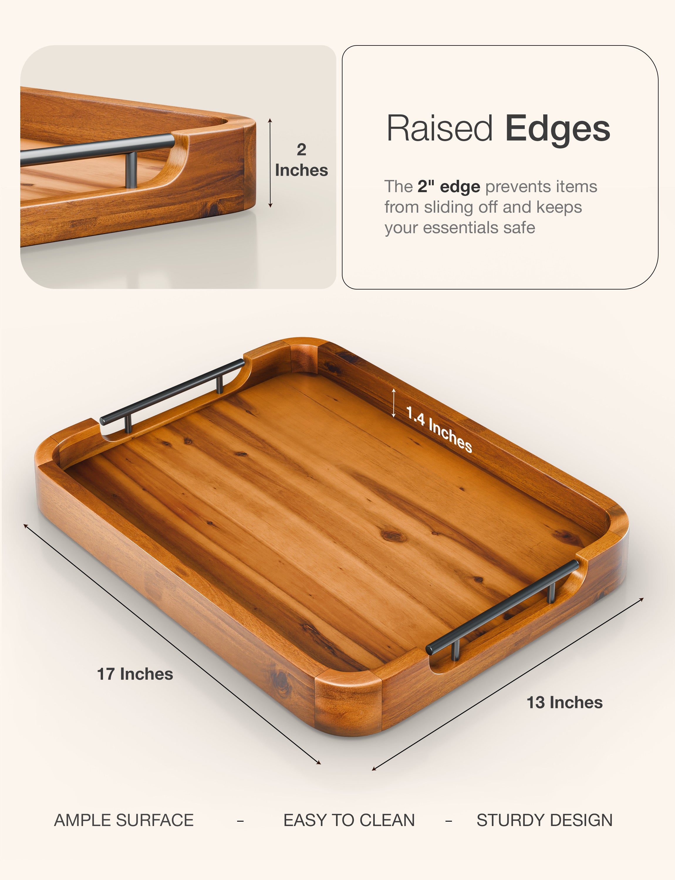 17"x13" Rectangular Wooden Serving Tray, Metal Handles Ottoman Tray-thumbmail-4