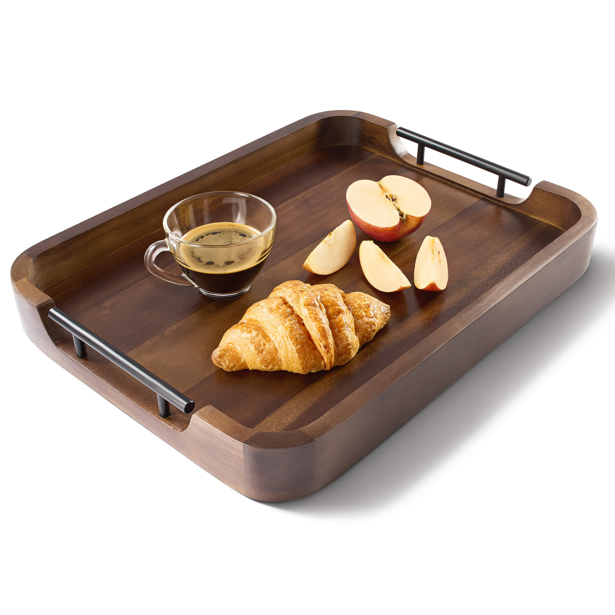 17"x13" Rectangular Wooden Serving Tray, Metal Handles, Walnut color-thumbmail-1