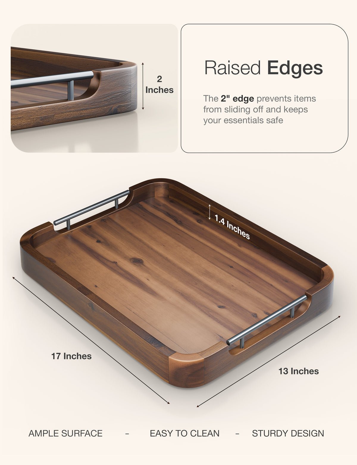 17"x13" Rectangular Wooden Serving Tray, Metal Handles, Walnut color-thumbmail-4