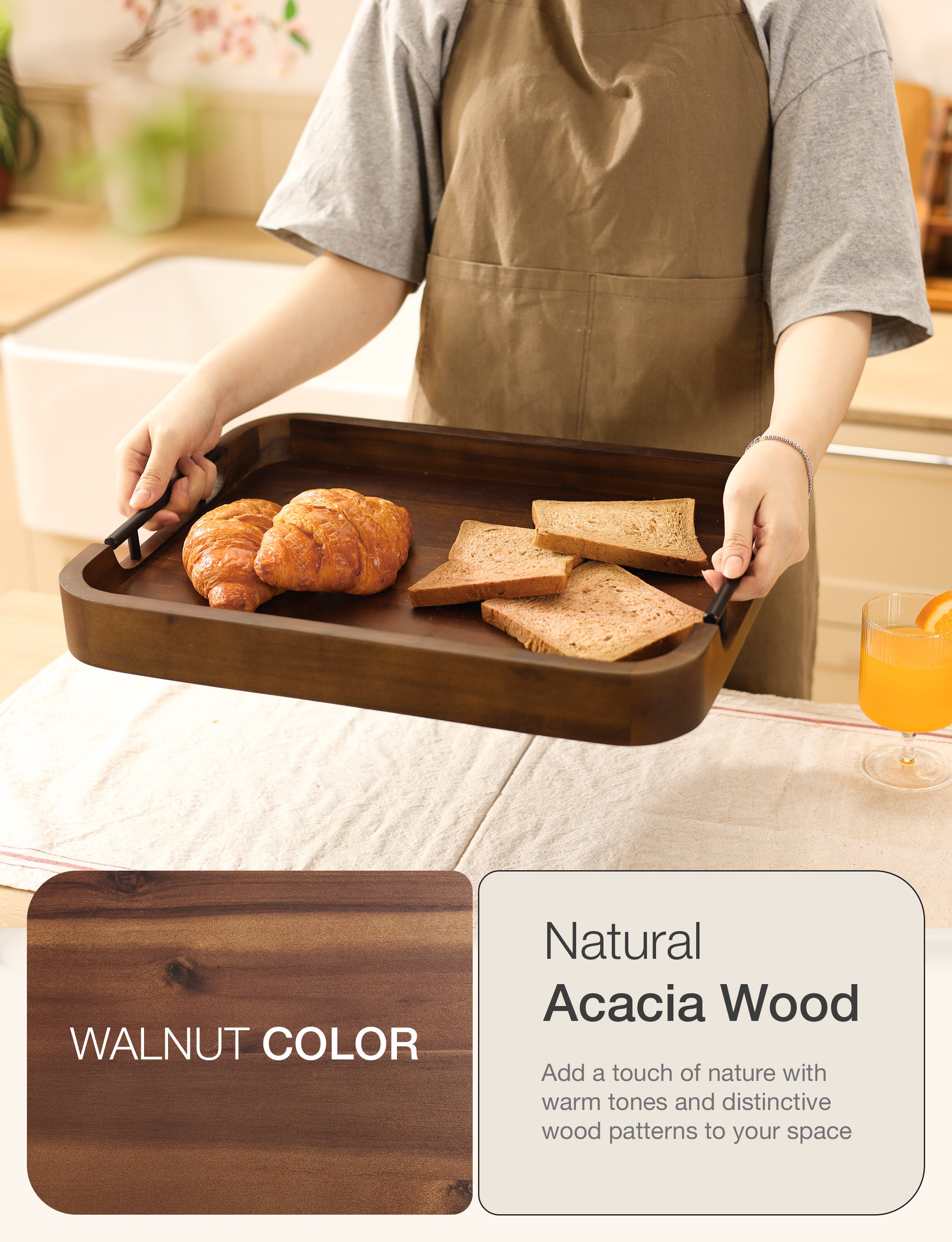 17"x13" Rectangular Wooden Serving Tray, Metal Handles, Walnut color-thumbmail-6