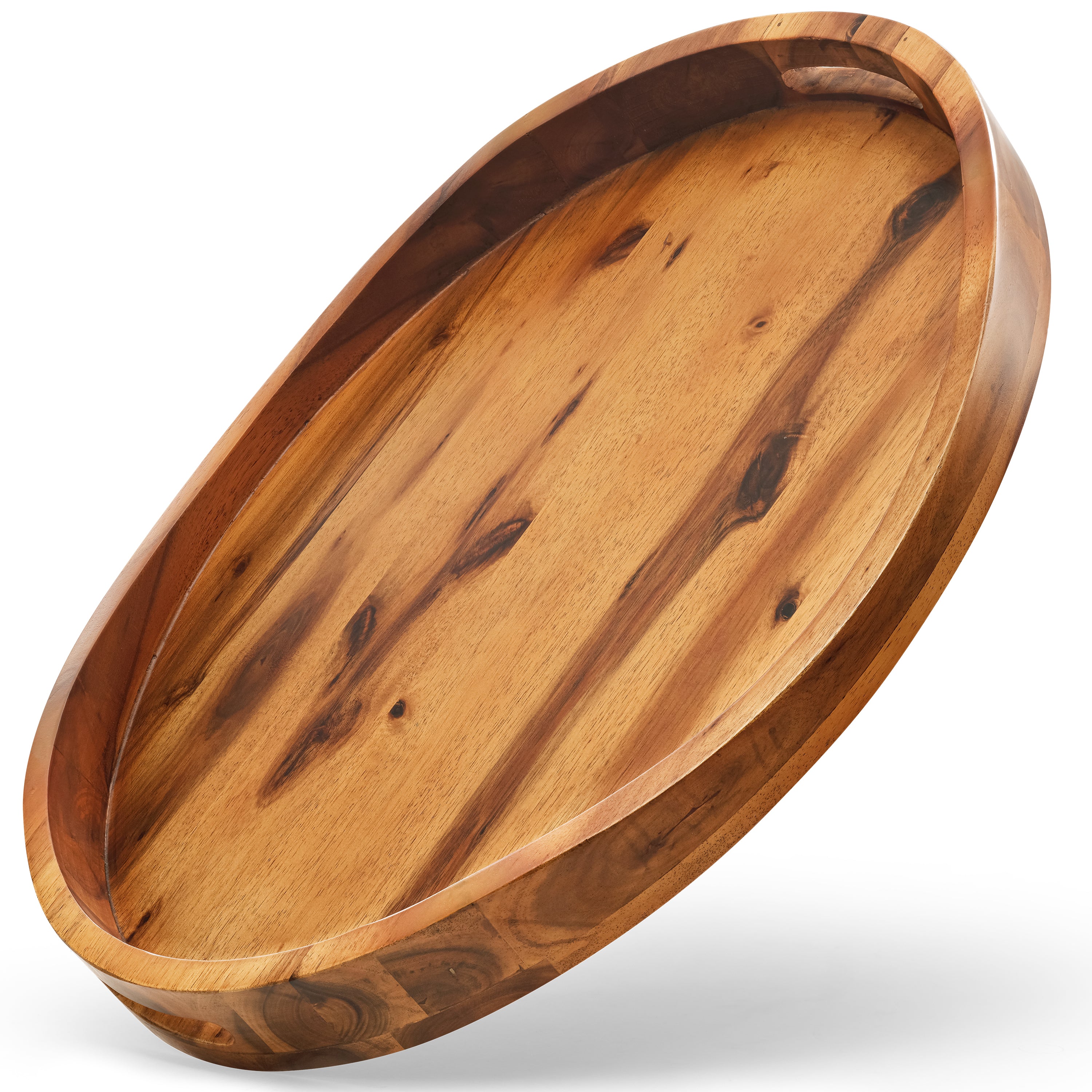 Acacia Oval Wooden Serving Tray with Handle, 16.5"x13" Ottoman Tray-thumbmail-1