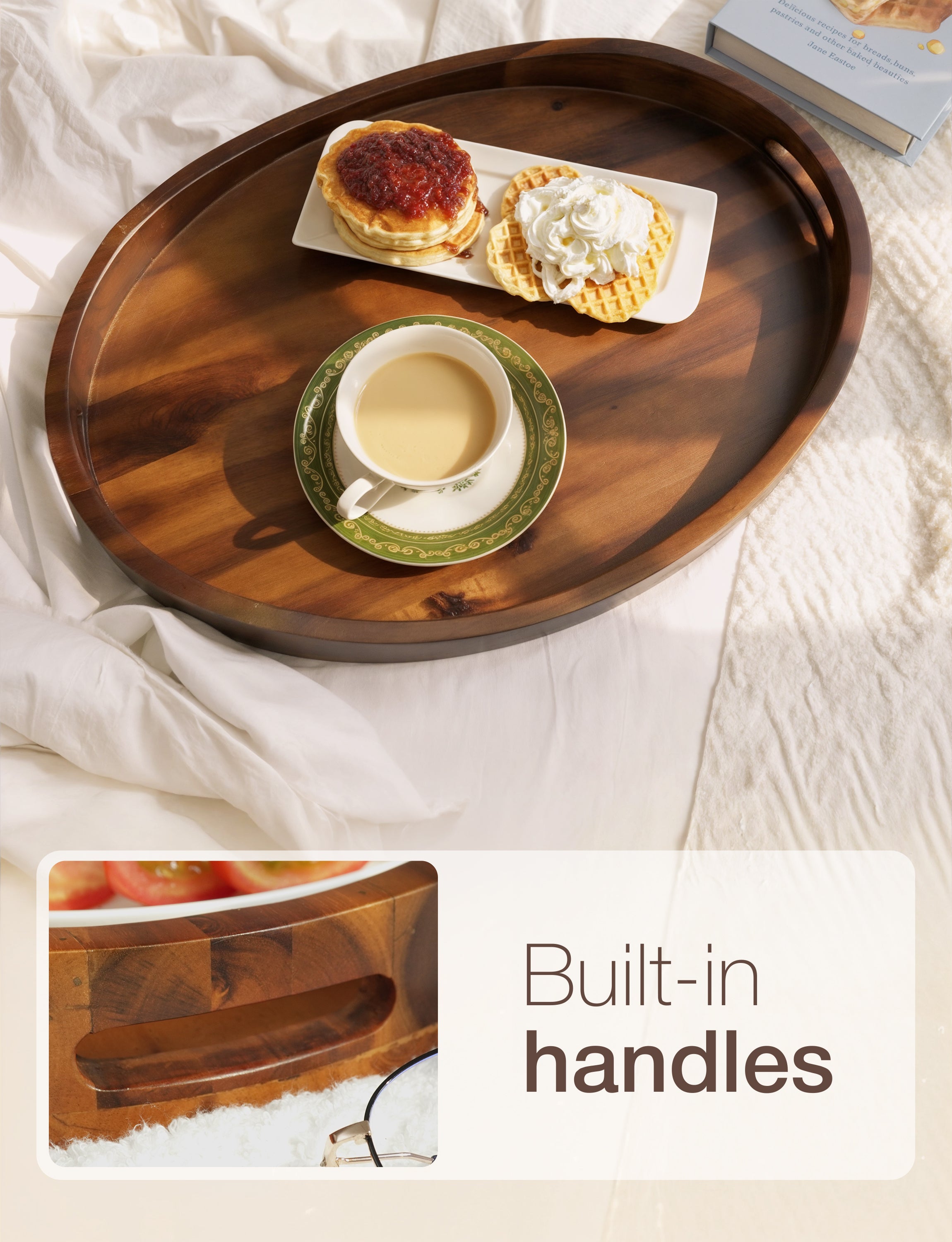 Acacia Oval Wooden Serving Tray with Handle, 16.5"x13", Walnut color-thumbmail-2