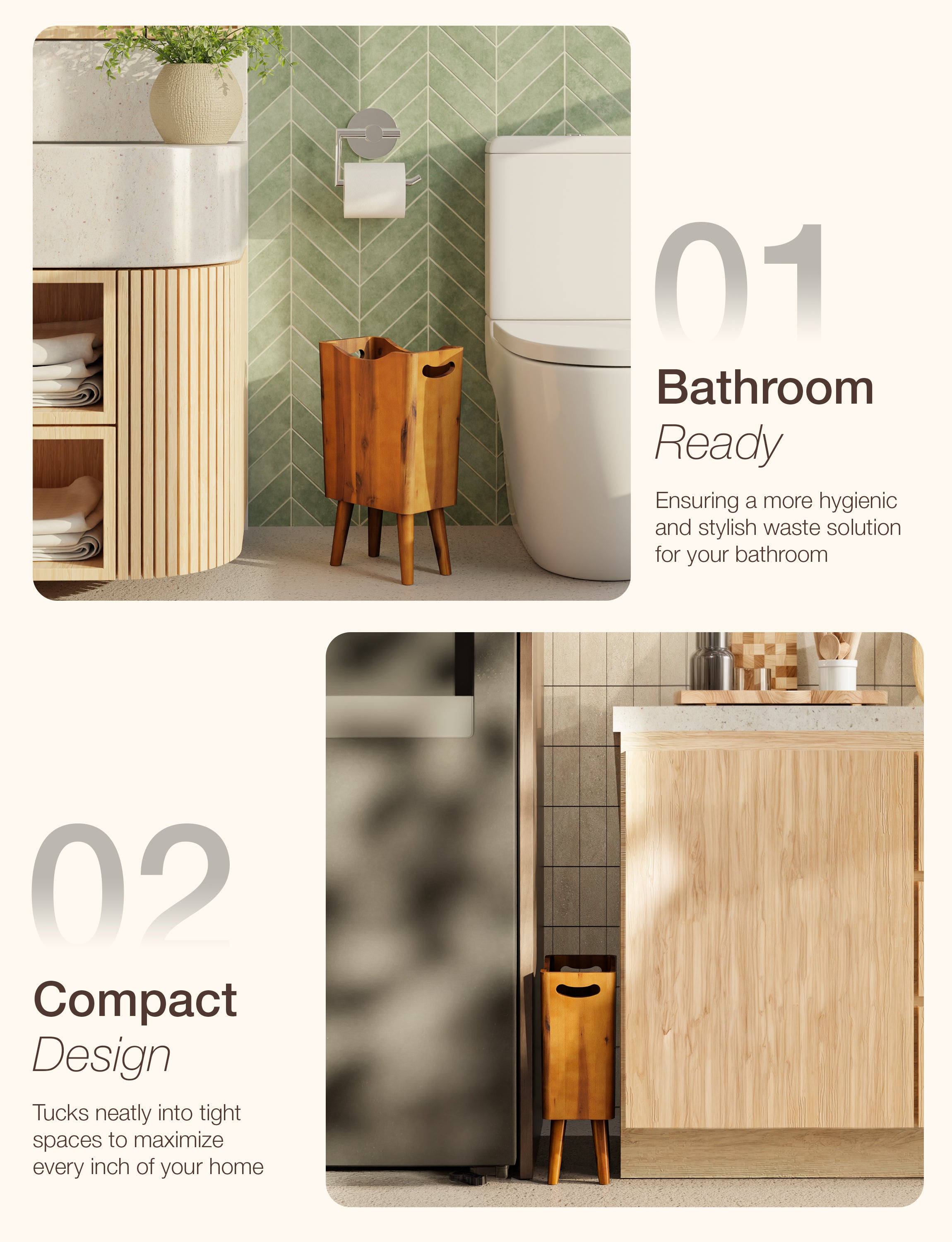 1.5 Gallons Wood Trash Can with Removable Legs and Side Handles