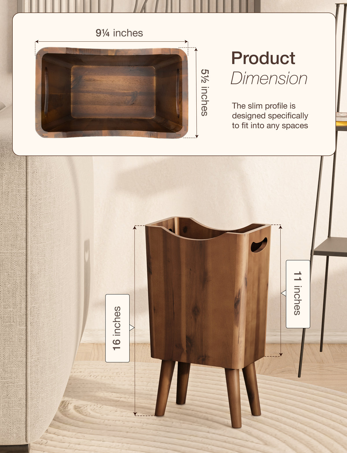 1.5-Gallon Wood Trash Can with Removable Legs & Handle, Walnut Color-thumbmail-4