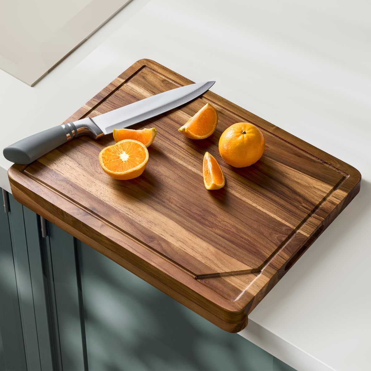 Teak Wood Cutting Board with Lip, 16” x 12”, Handles, Easy Assemble-thumbmail-1
