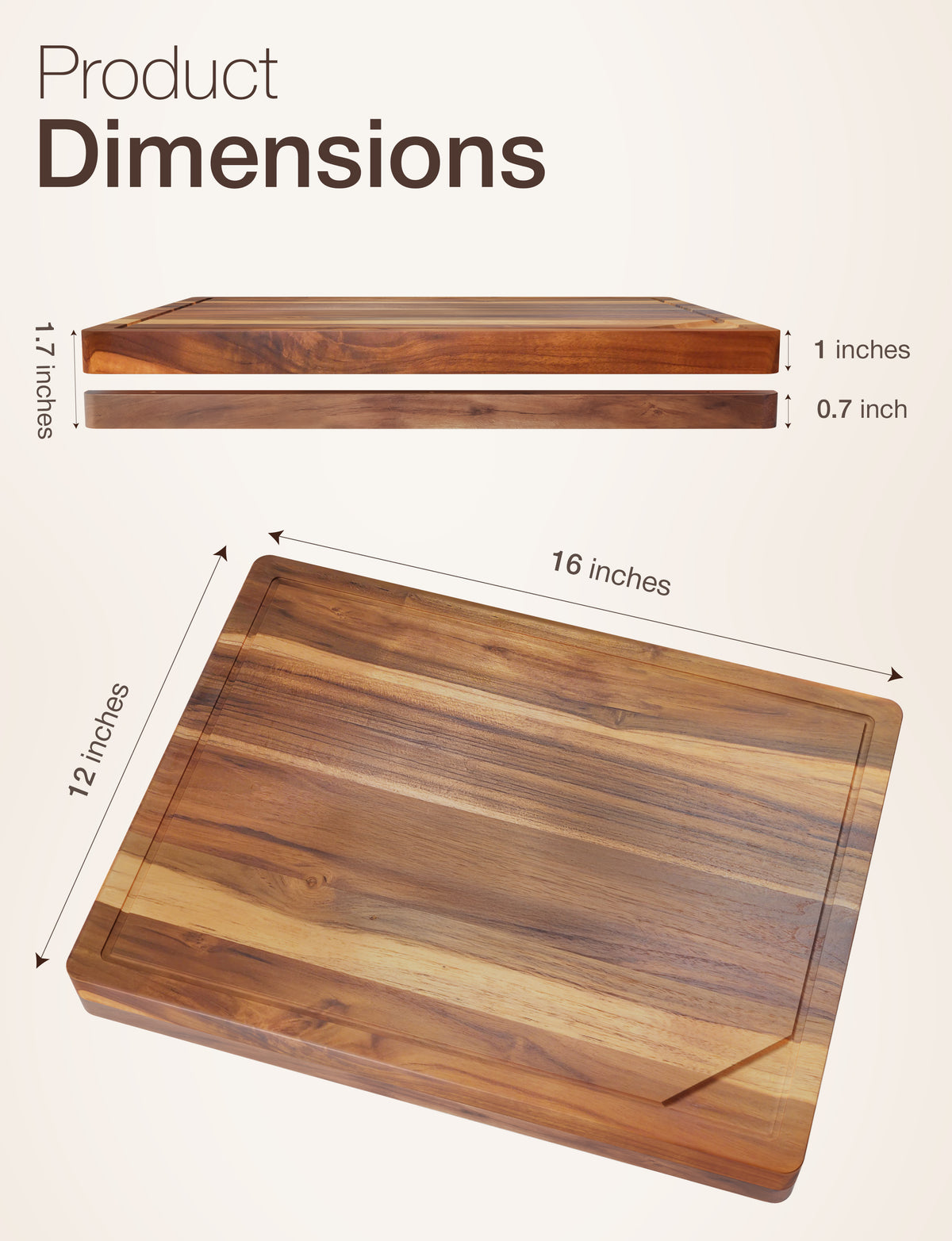 Teak Wood Cutting Board with Lip, 16” x 12”, Handles, Easy Assemble-thumbmail-2
