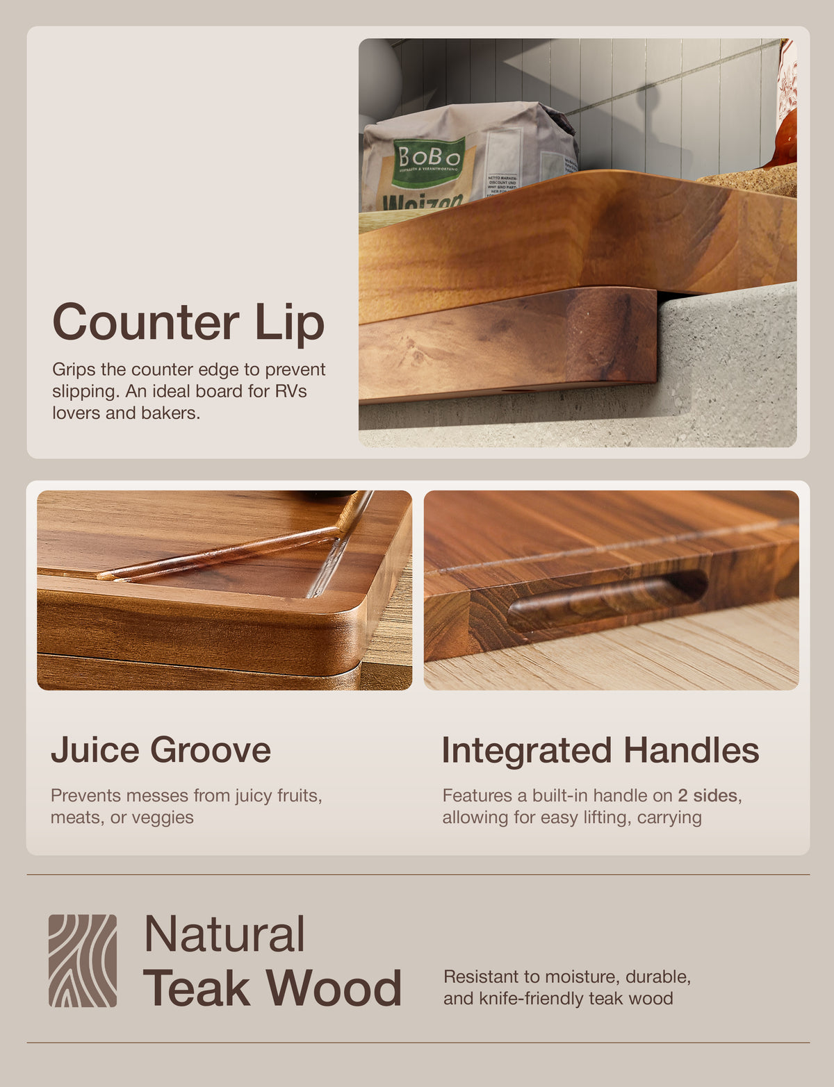 Teak Wood Cutting Board with Lip, 16” x 12”, Handles, Easy Assemble-thumbmail-3