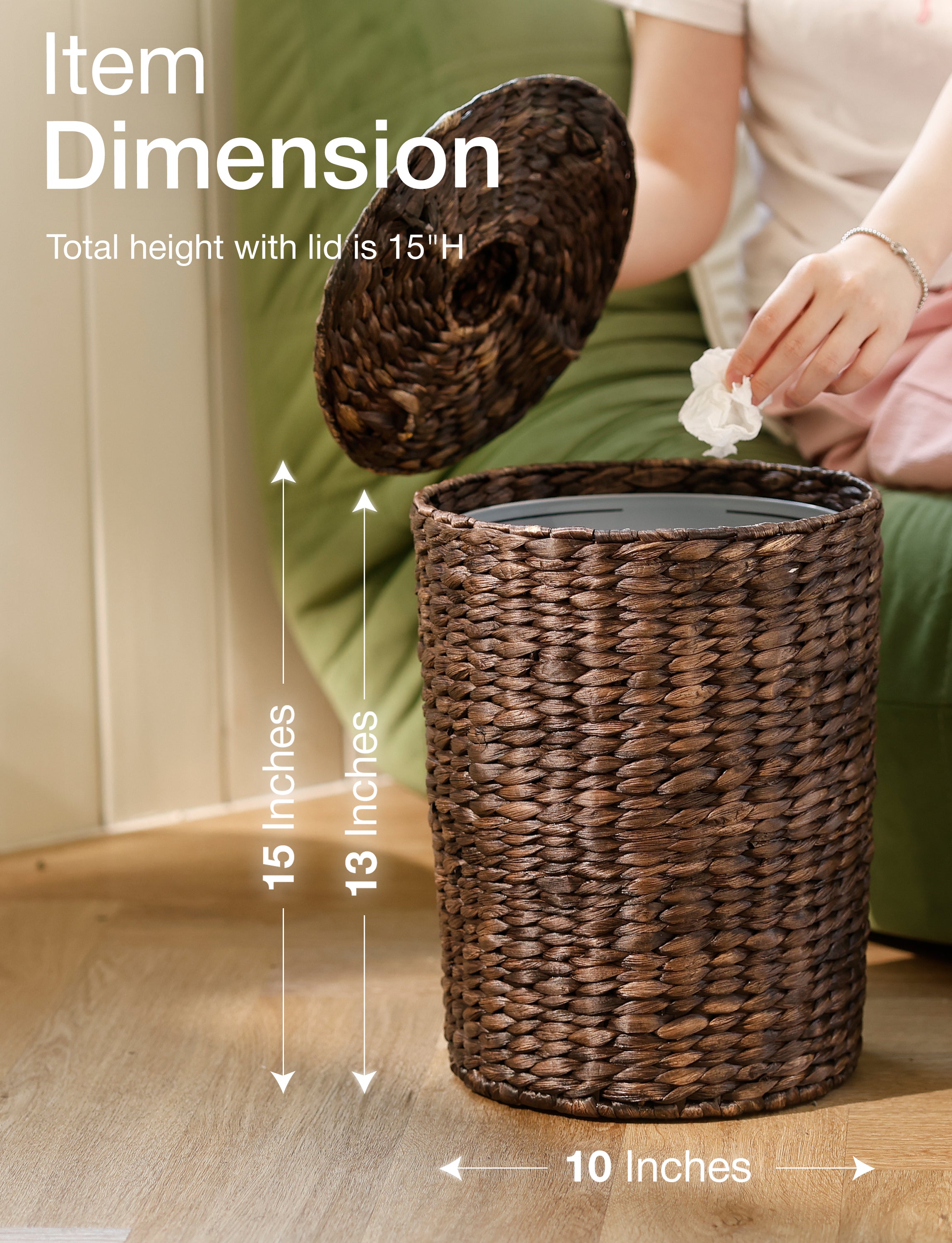 4 Gallon Wicker Trash Can with Lid, Water Hyacinth Waste Basket, Black Color-thumbmail-3