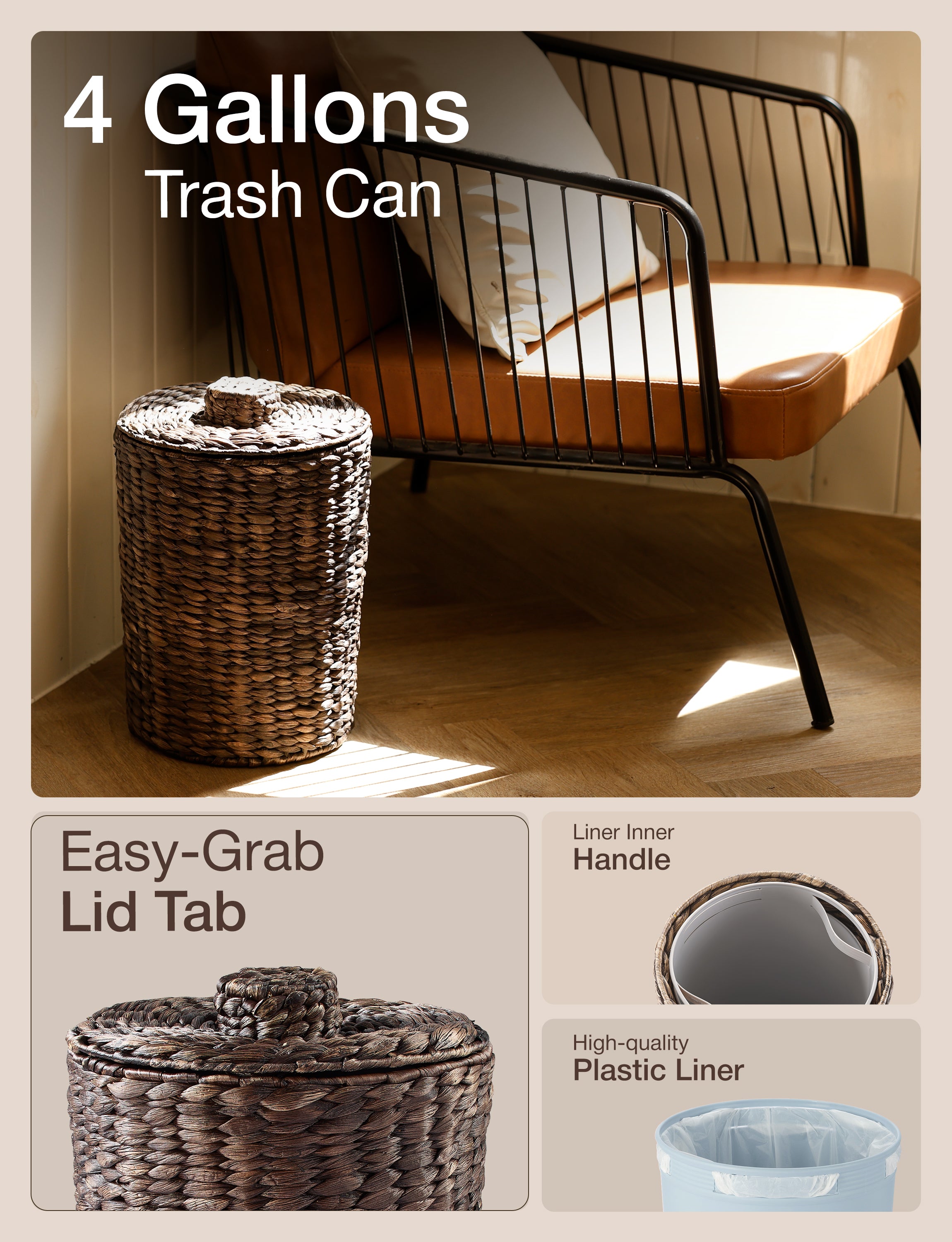 4 Gallon Wicker Trash Can with Lid, Water Hyacinth Waste Basket, Black Color-thumbmail-4
