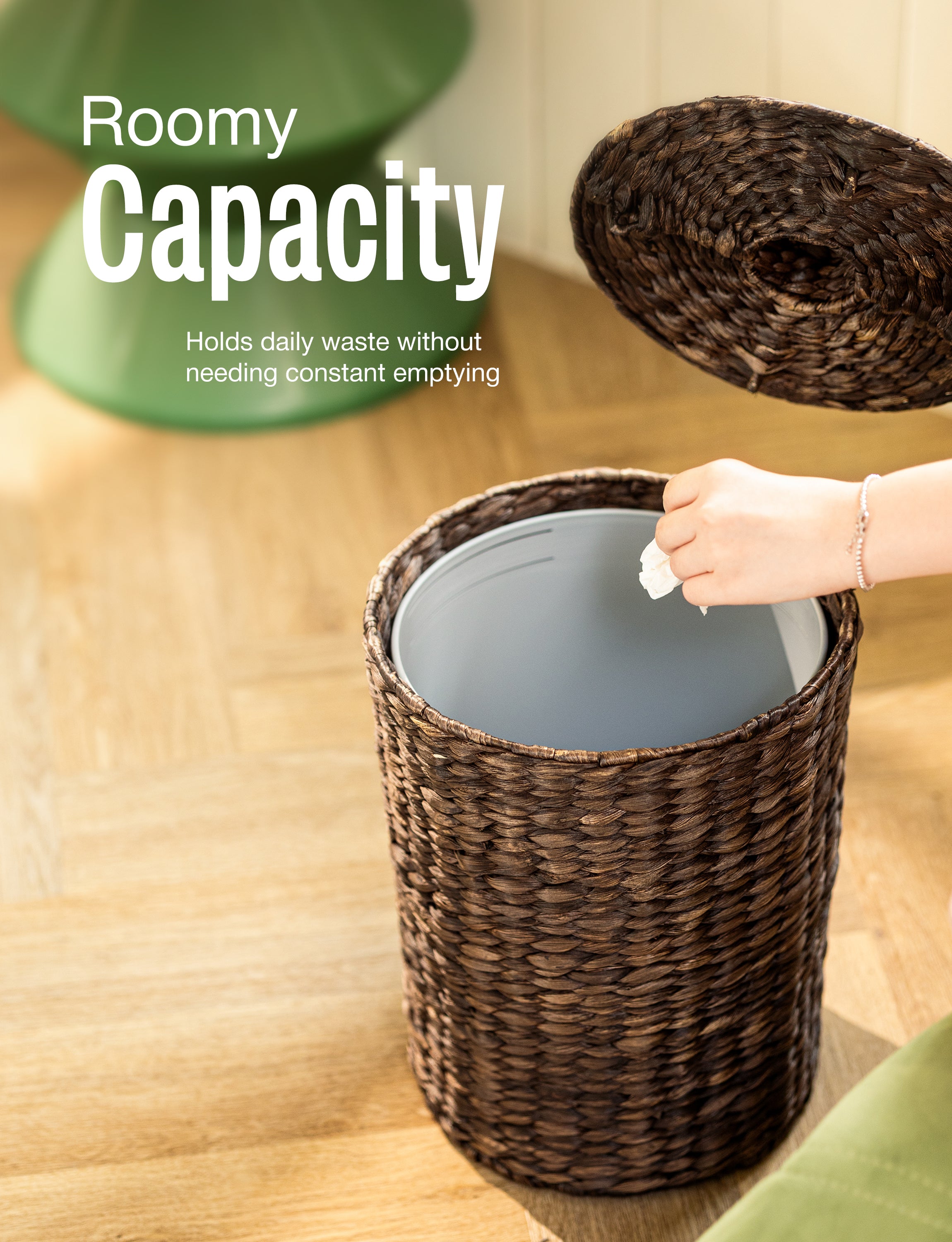 4 Gallon Wicker Trash Can with Lid, Water Hyacinth Waste Basket, Black Color-thumbmail-6