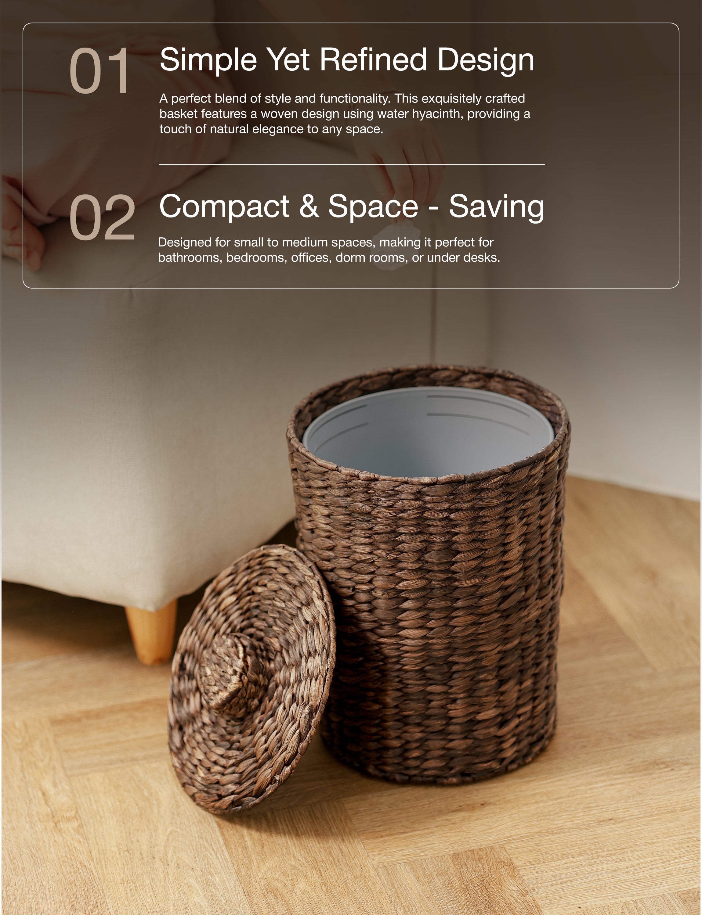 4 Gallon Wicker Trash Can with Lid, Water Hyacinth Waste Basket, Black Color-thumbmail-7