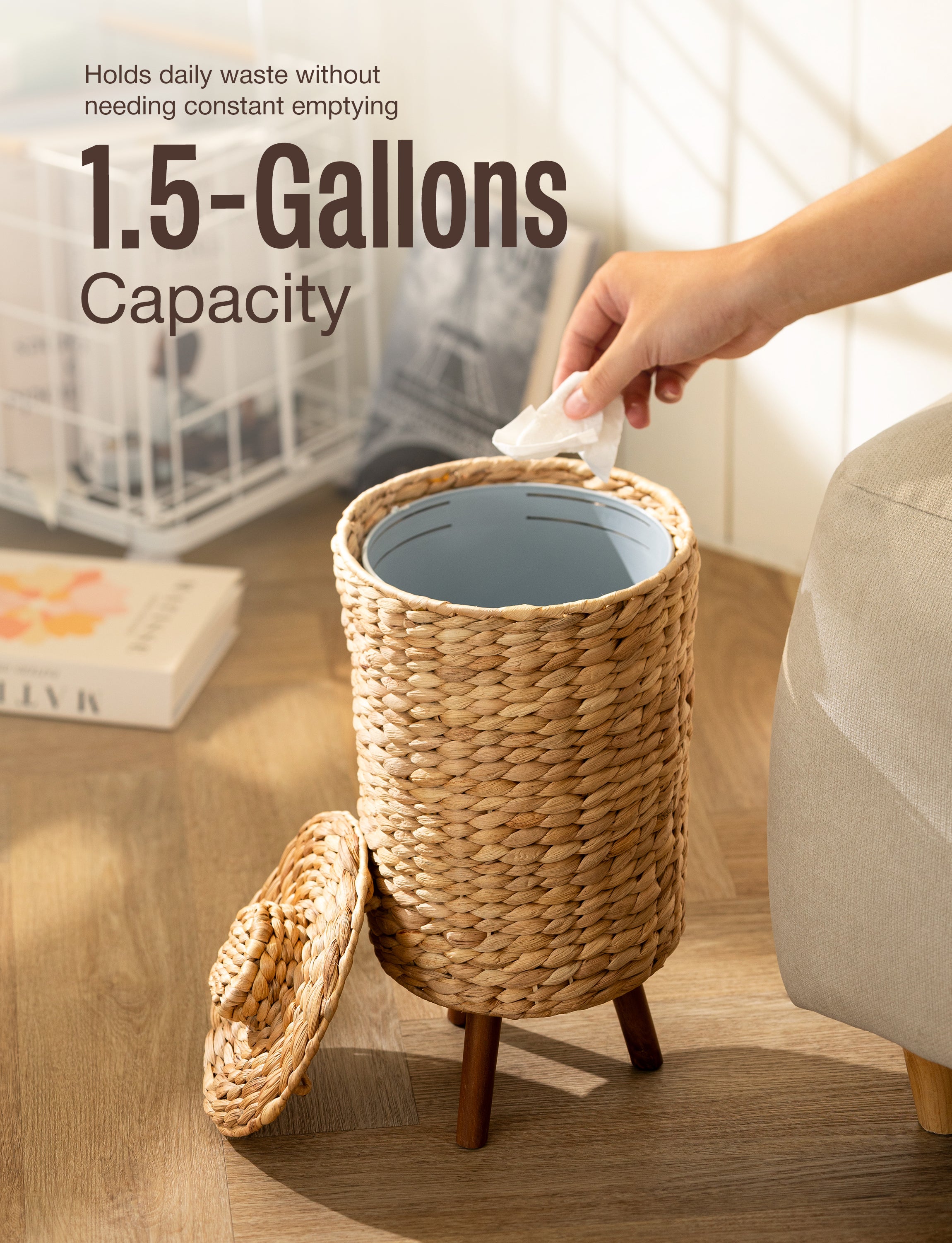 Wicker Trash Can with Lid, Decorative Bathroom Trash Can, 1.5 Gallon-thumbmail-5