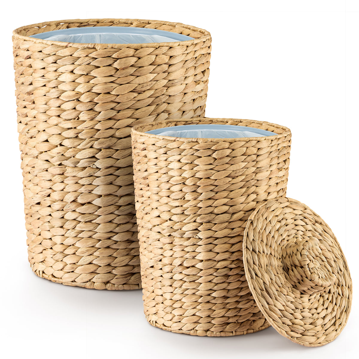 Set 2 Water Hyacinth Wicker Wastebasket for Bathroom, Lid Included-thumbmail-1
