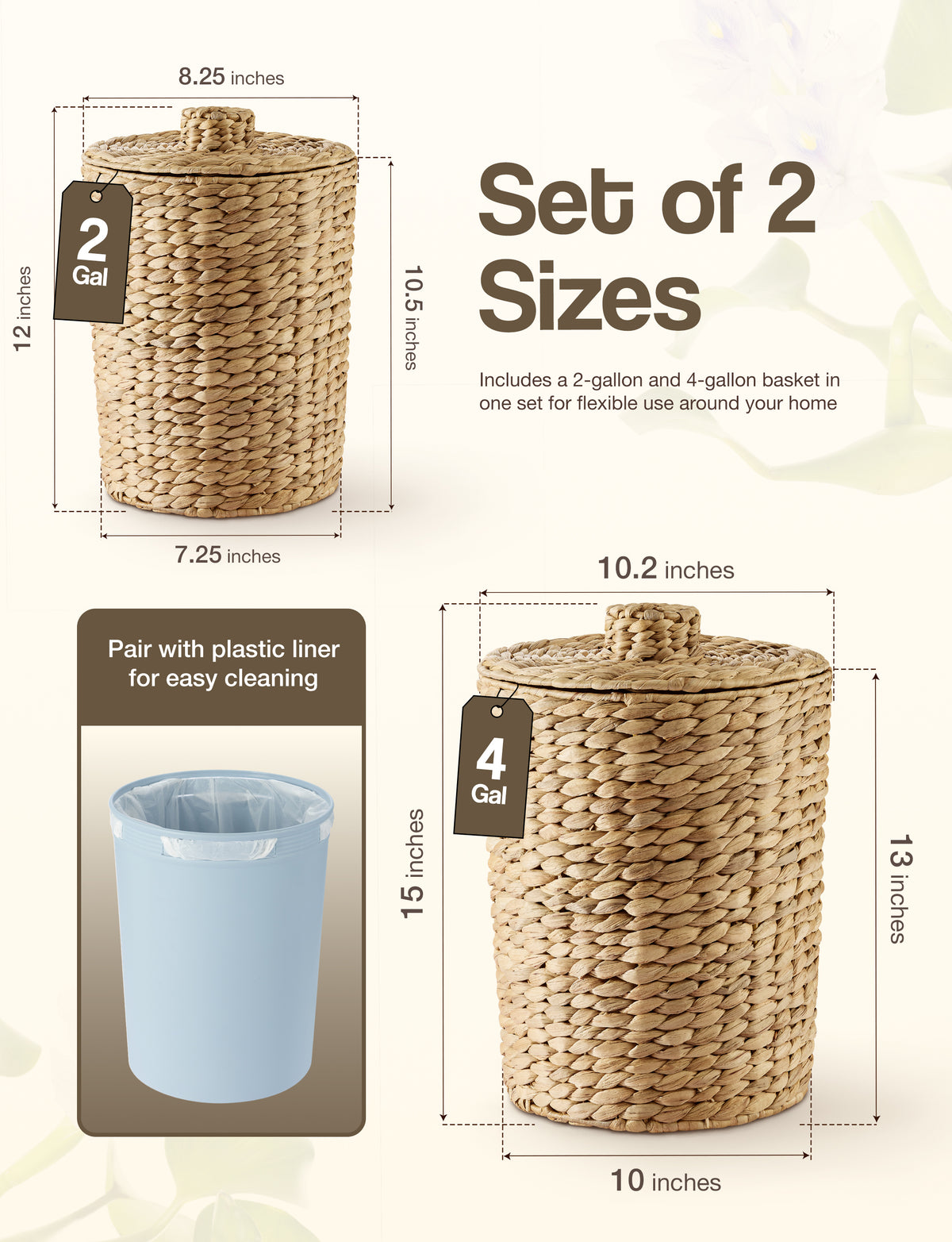 Set 2 Water Hyacinth Wicker Wastebasket for Bathroom, Lid Included-thumbmail-3