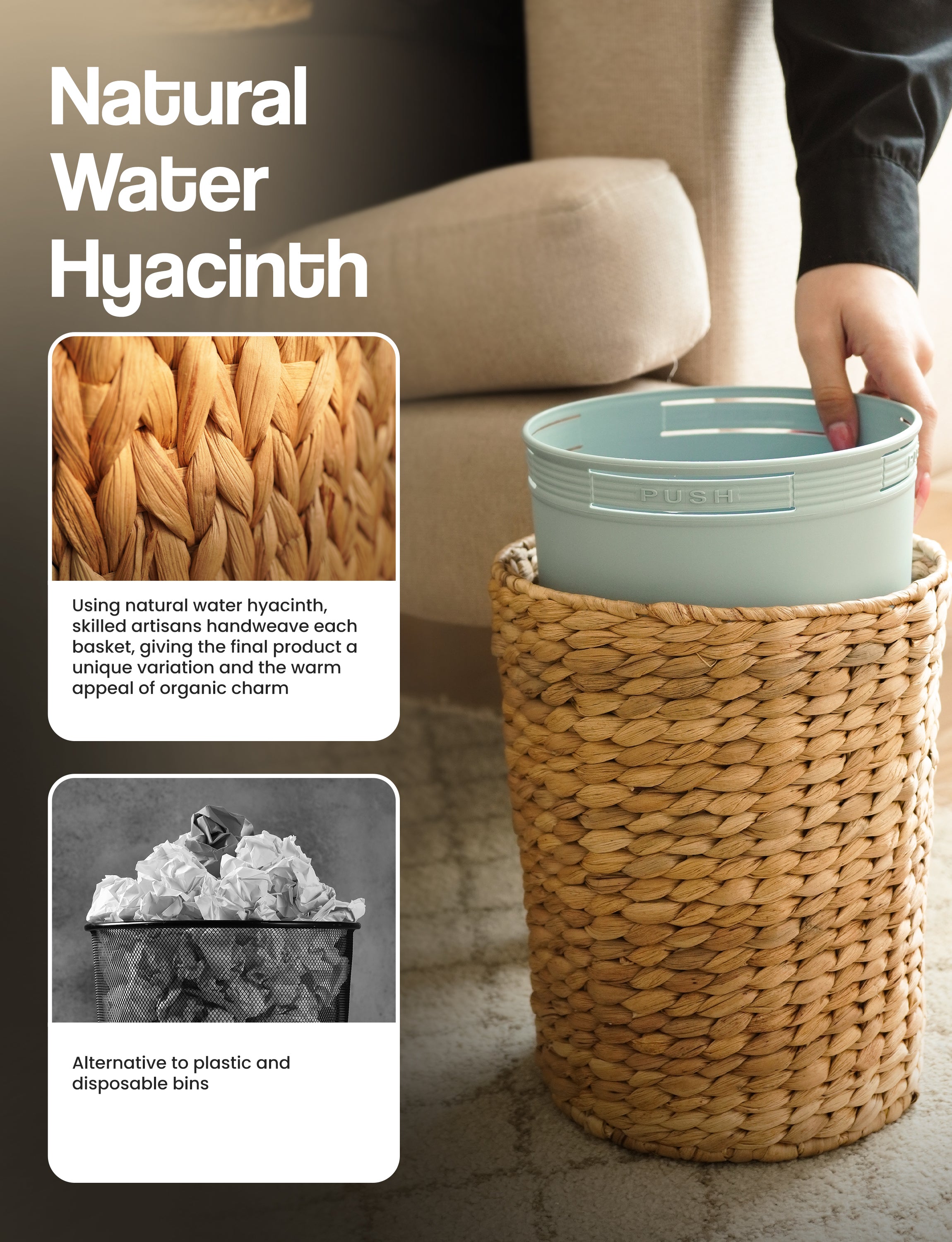 Set 2 Water Hyacinth Wicker Wastebasket for Bathroom, Lid Included-thumbmail-4