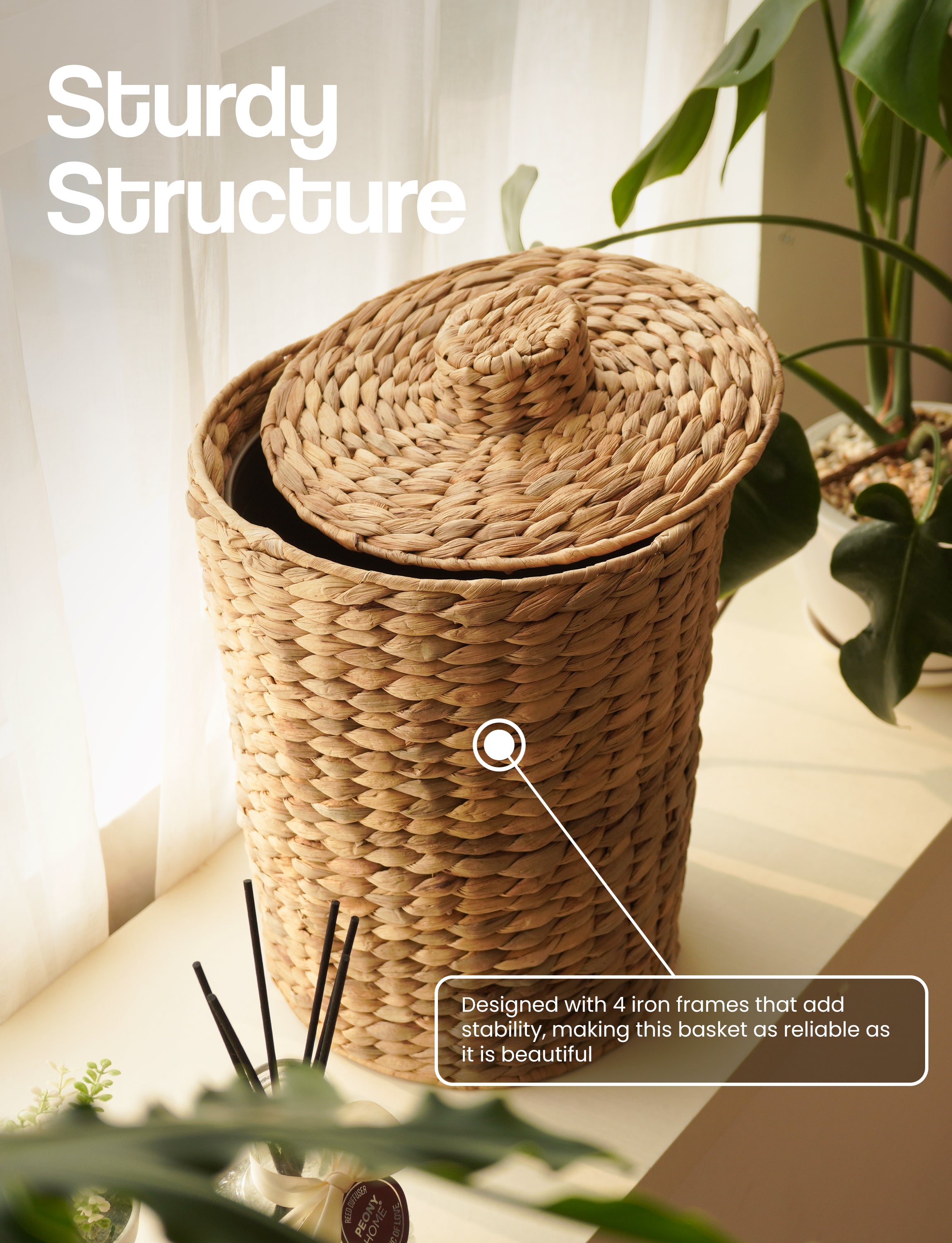 Set 2 Water Hyacinth Wicker Wastebasket for Bathroom, Lid Included-thumbmail-2
