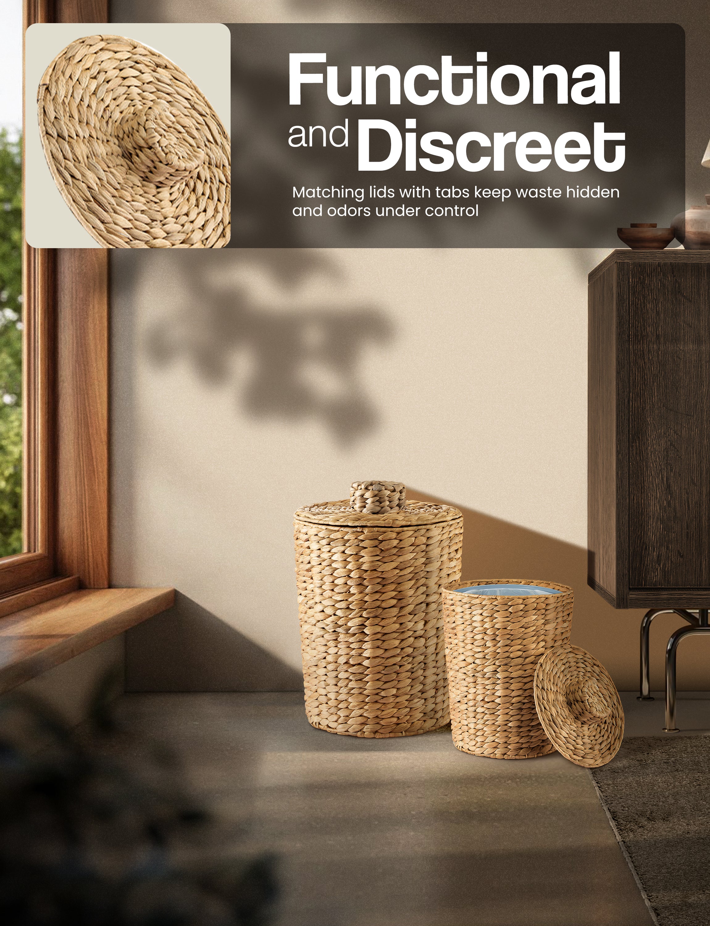 Set 2 Water Hyacinth Wicker Wastebasket for Bathroom, Lid Included-thumbmail-5