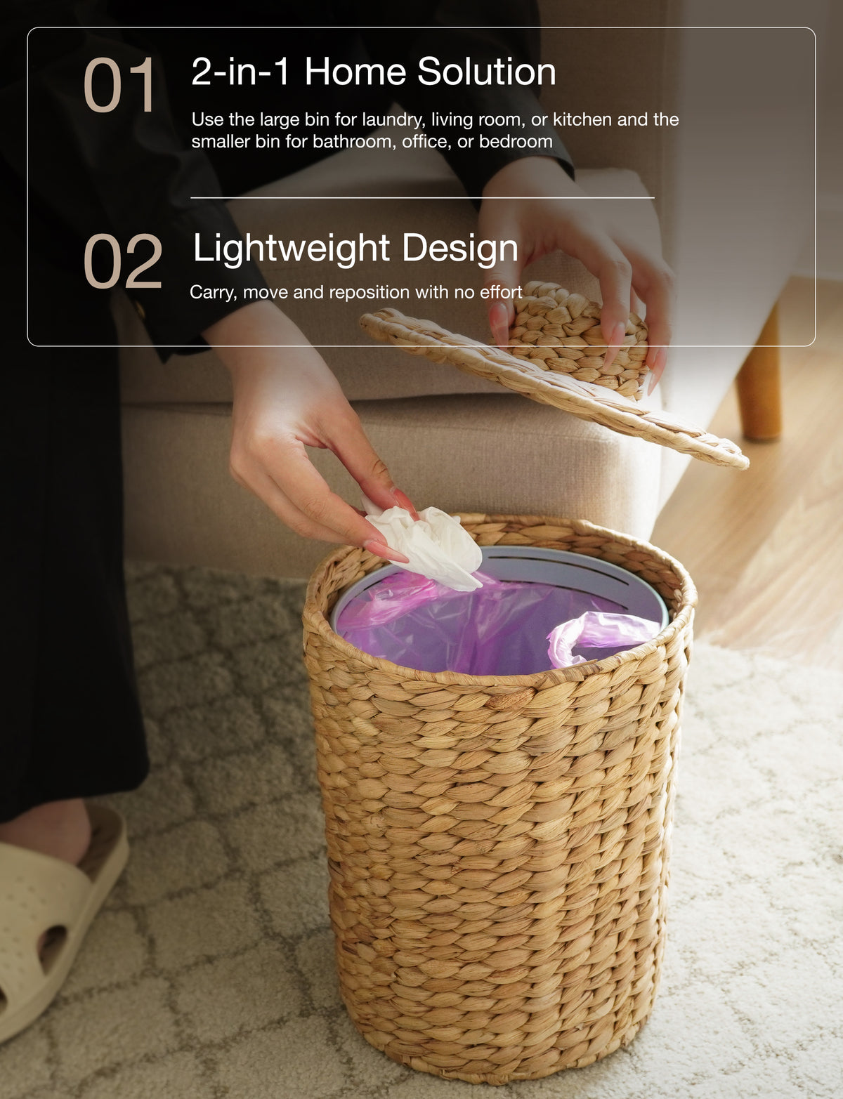 Set 2 Water Hyacinth Wicker Wastebasket for Bathroom, Lid Included-thumbmail-6