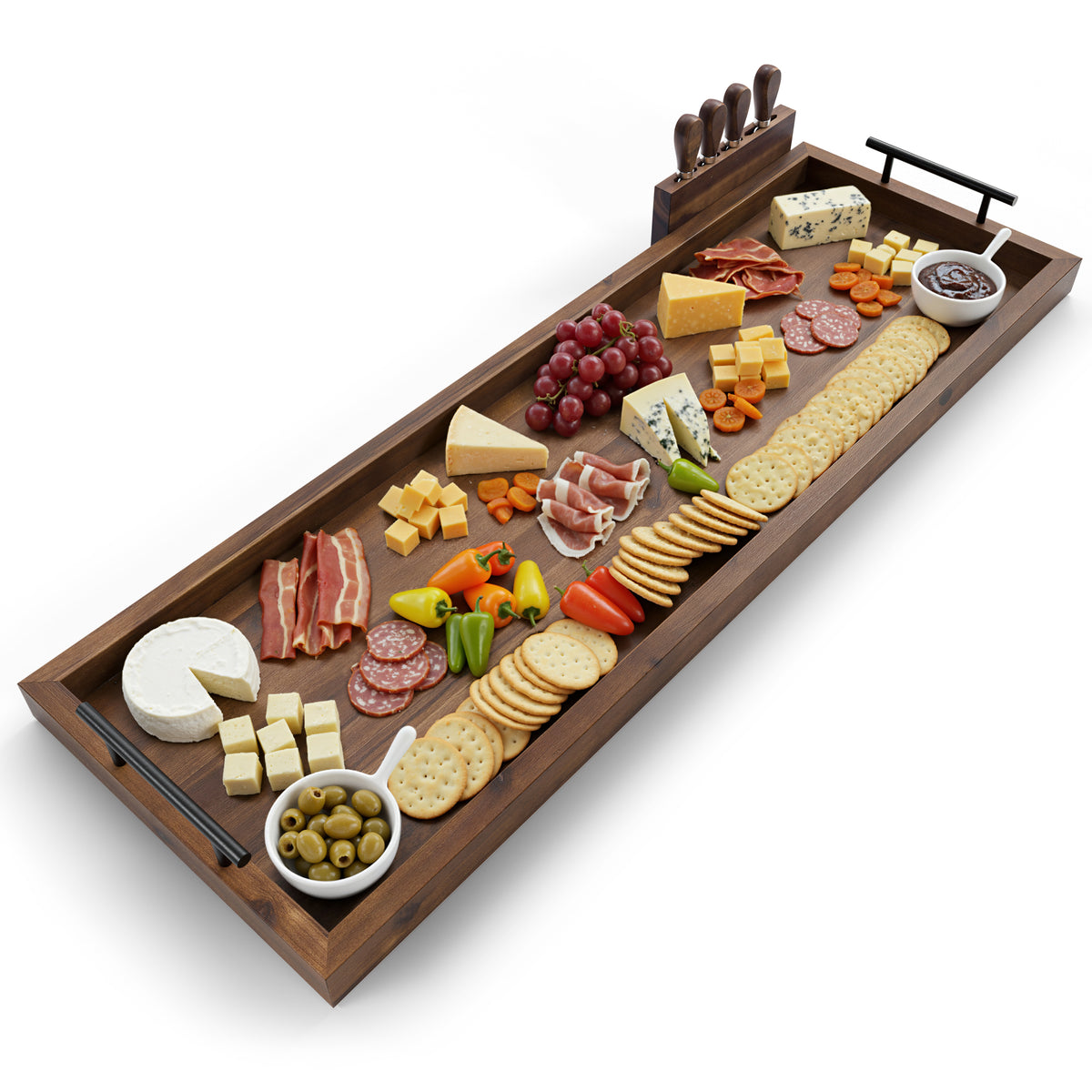 36" Acacia Large Charcuterie Boards for Party, Handles, Walnut color-thumbmail-1