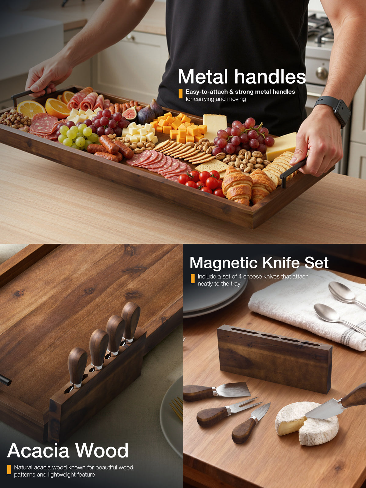 36" Acacia Large Charcuterie Boards for Party, Handles, Walnut color-thumbmail-3