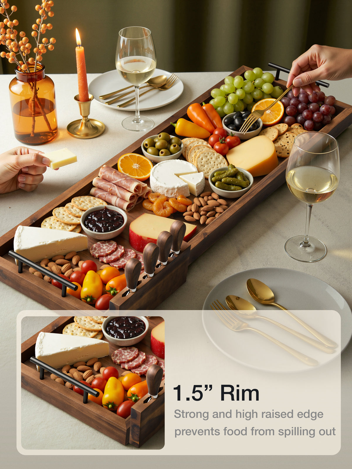 36" Acacia Large Charcuterie Boards for Party, Handles, Walnut color-thumbmail-4