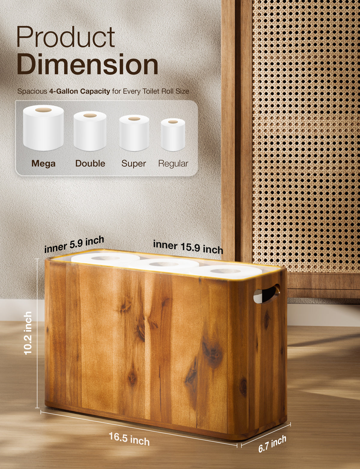 4 Gallon Wooden Toilet Paper Basket, with Handles and Nonslip Pads-thumbmail-3