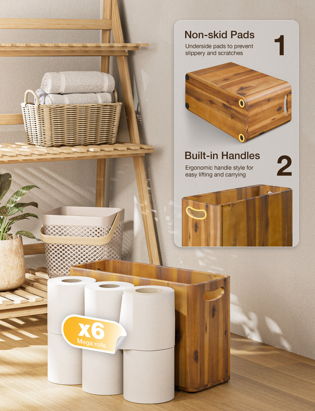 4 Gallon Wooden Toilet Paper Basket, with Handles and Nonslip Pads-thumbmail-4