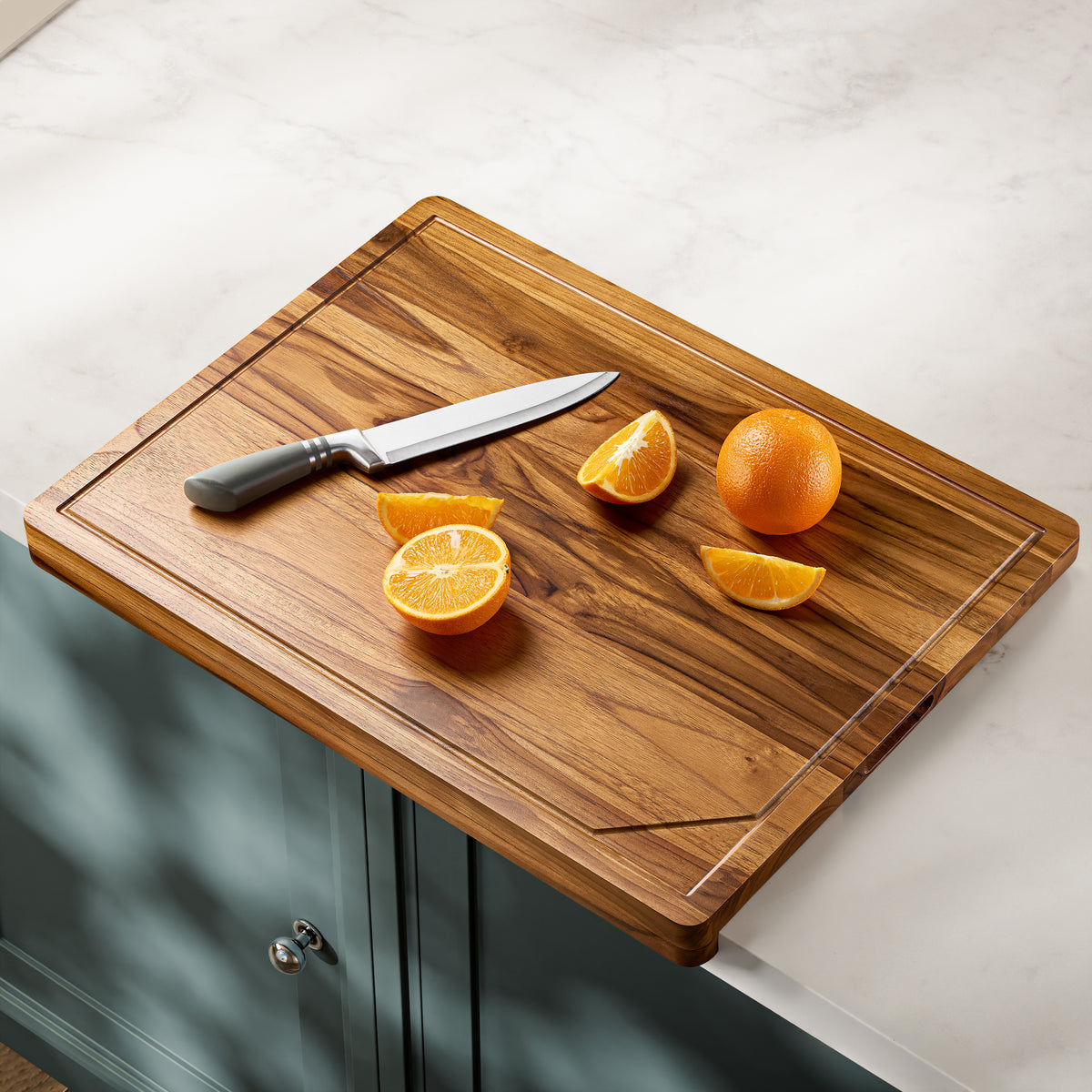 Teak Wood Cutting Board with Lip, 24” x 18”, Handles, Easy Assemble-thumbmail-1