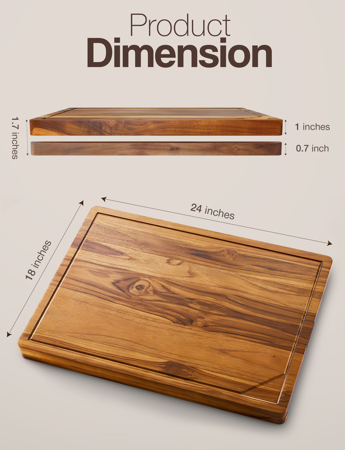 Teak Wood Cutting Board with Lip, 24” x 18”, Handles, Easy Assemble-thumbmail-2