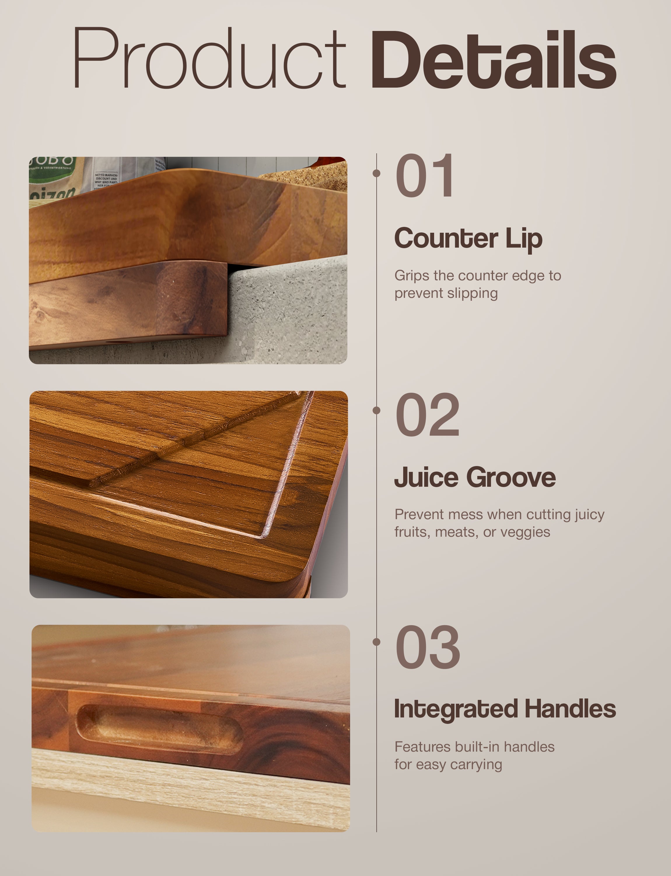 Teak Wood Cutting Board with Lip, 24” x 18”, Handles, Easy Assemble-thumbmail-3